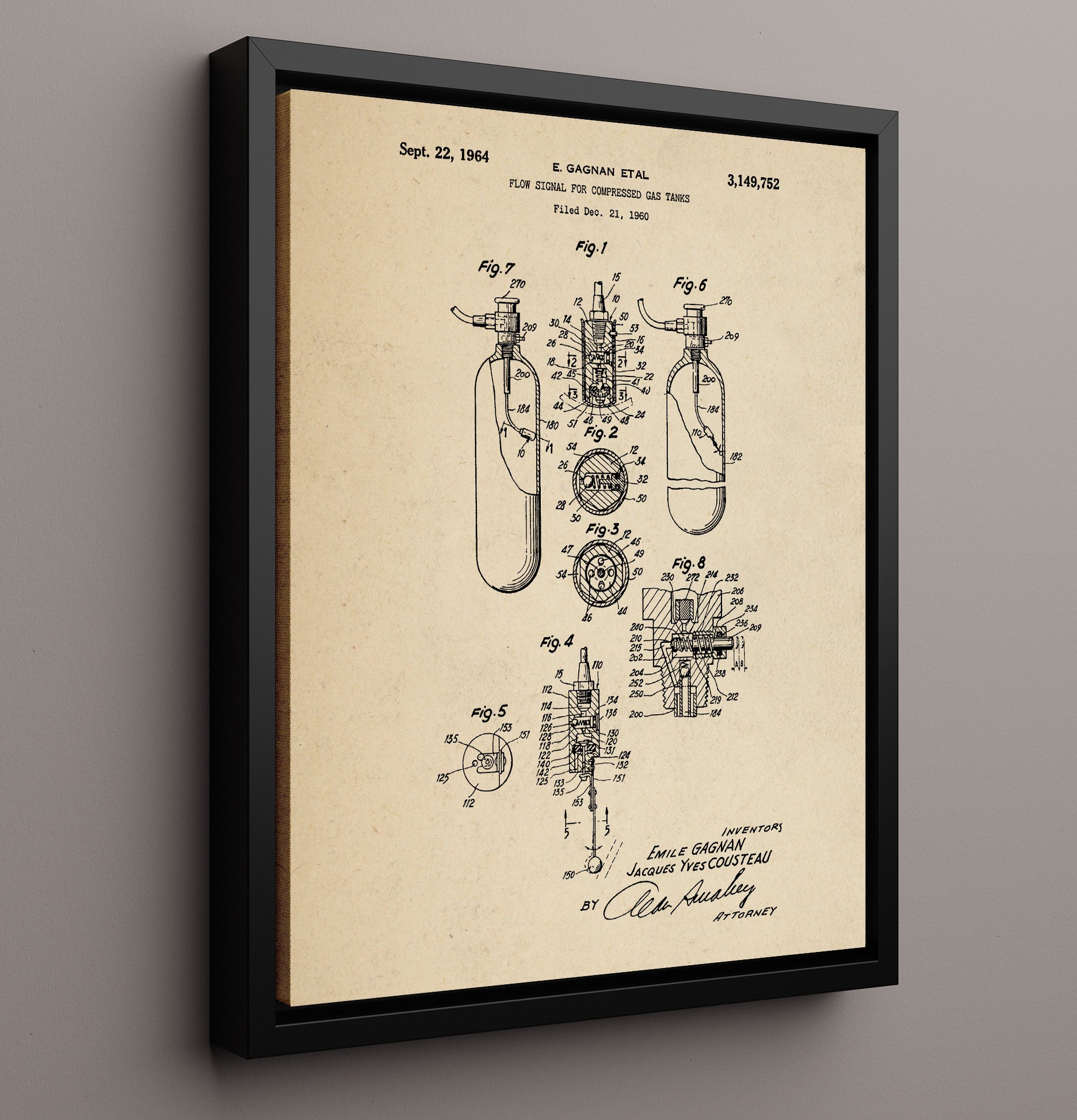 Patent Print - Scuba Flow Signal System - Jacques Yves Cousteau - 1964 - Patent 3149752 Patent Wall Art