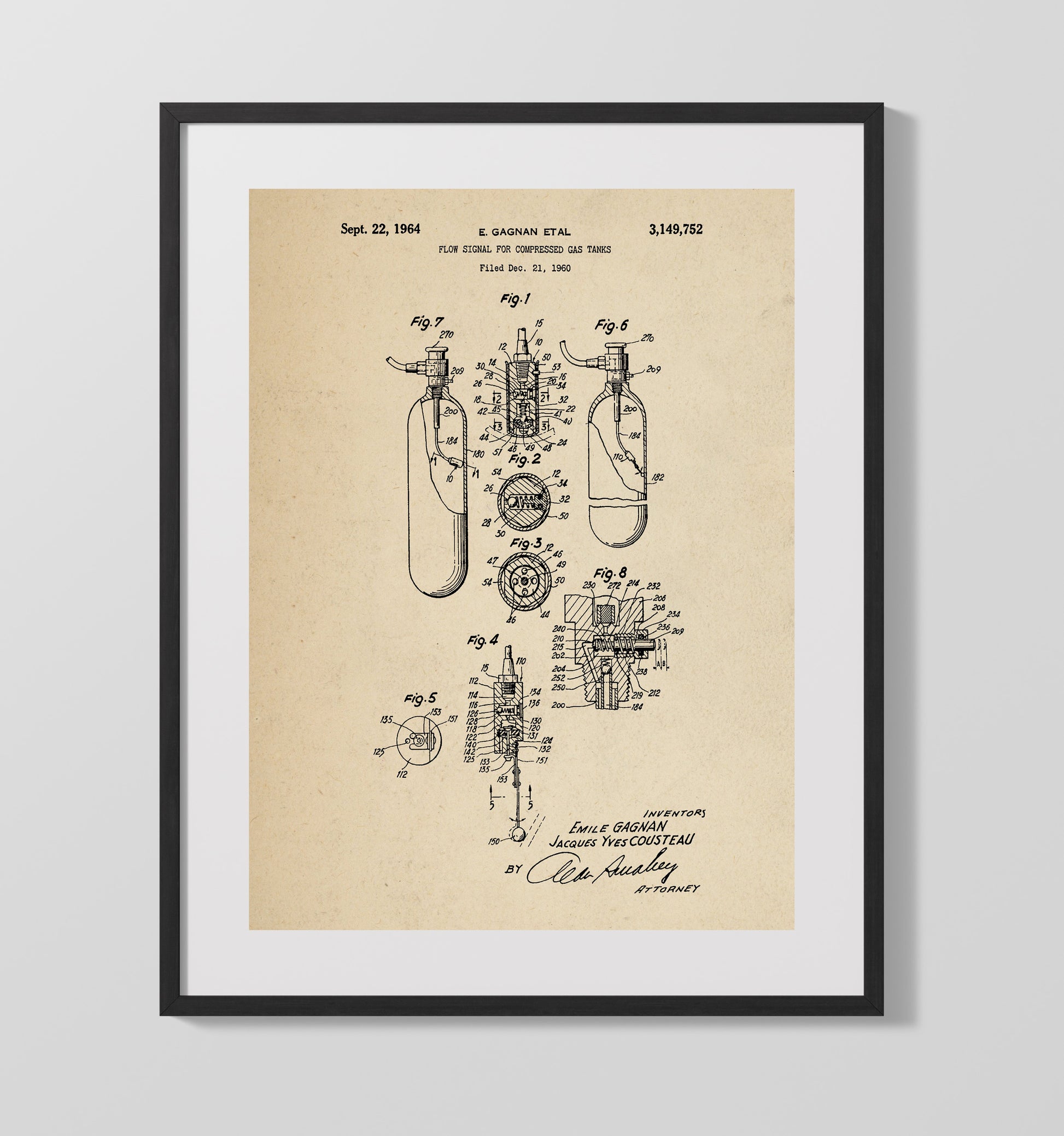Patent Print - Scuba Flow Signal System - Jacques Yves Cousteau - 1964 - Patent 3149752 Patent Wall Art