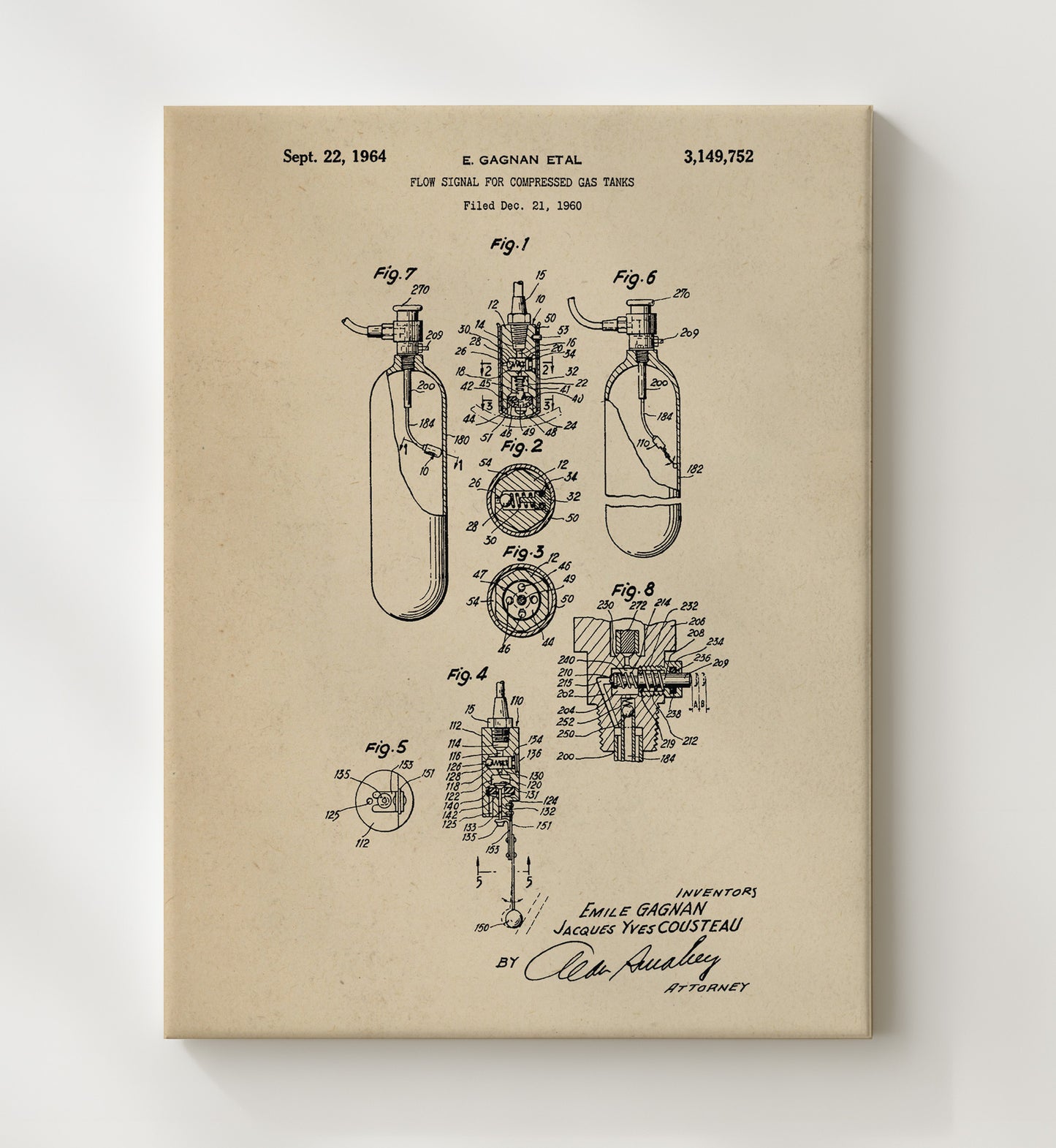 Patent Print - Scuba Flow Signal System - Jacques Yves Cousteau - 1964 - Patent 3149752 Patent Wall Art