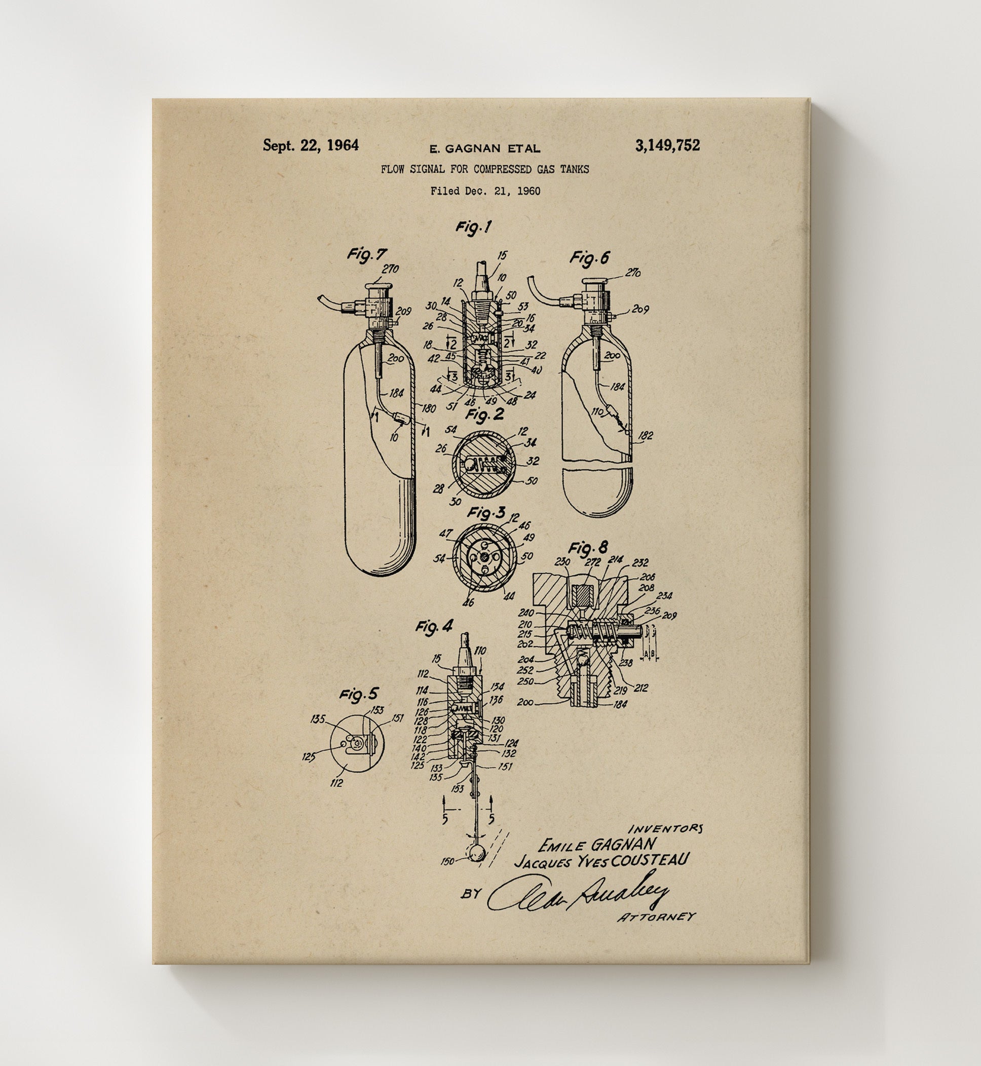 Patent Print - Scuba Flow Signal System - Jacques Yves Cousteau - 1964 - Patent 3149752 Patent Wall Art