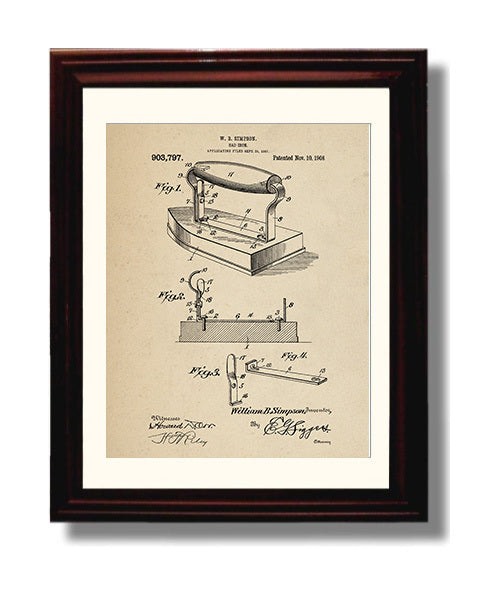 Patent Print - Sad Iron - William B Simpson - 1908 - Patent 903797 Patent Wall Art