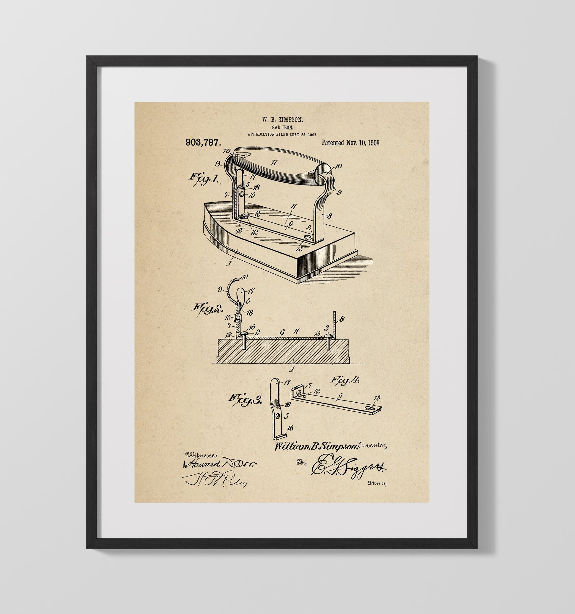 Patent Print - Sad Iron - William B Simpson - 1908 - Patent 903797 Patent Wall Art
