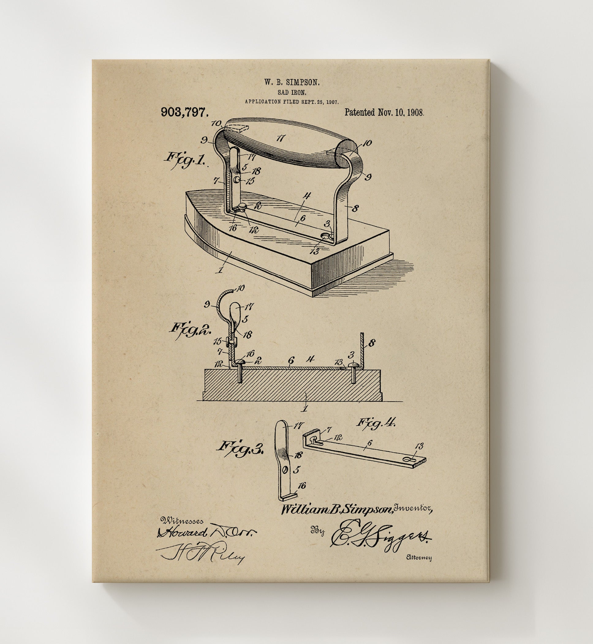 Patent Print - Sad Iron - William B Simpson - 1908 - Patent 903797 Patent Wall Art