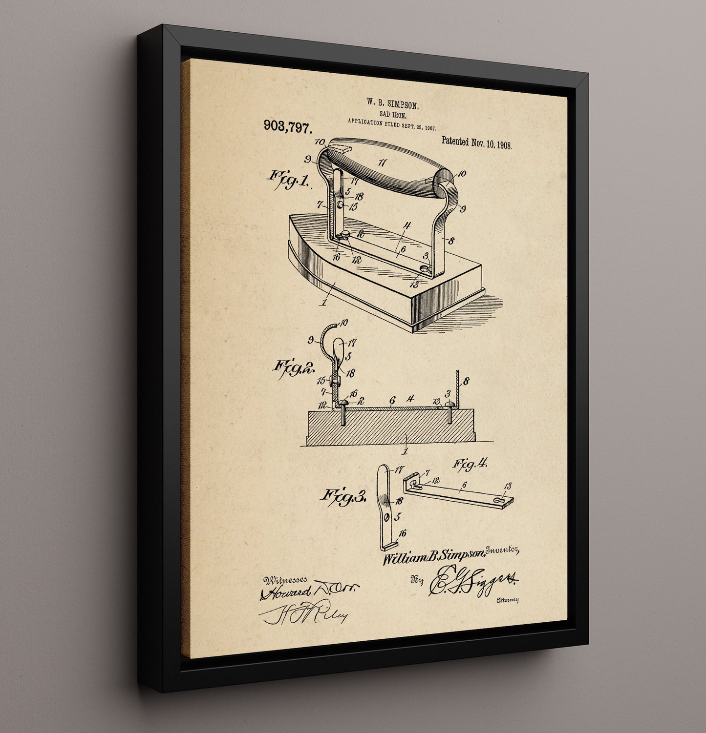 Patent Print - Sad Iron - William B Simpson - 1908 - Patent 903797 Patent Wall Art