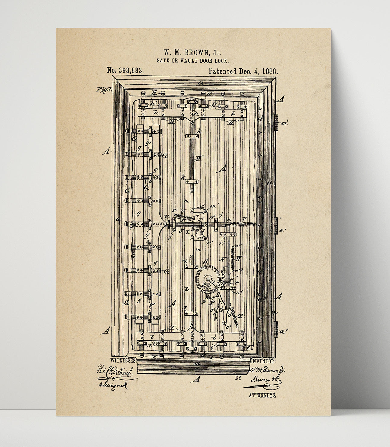Patent Print - Safe Or Vault Door Lock - William M. Brown Jr. - 1888 - Patent 393883 Patent Wall Art