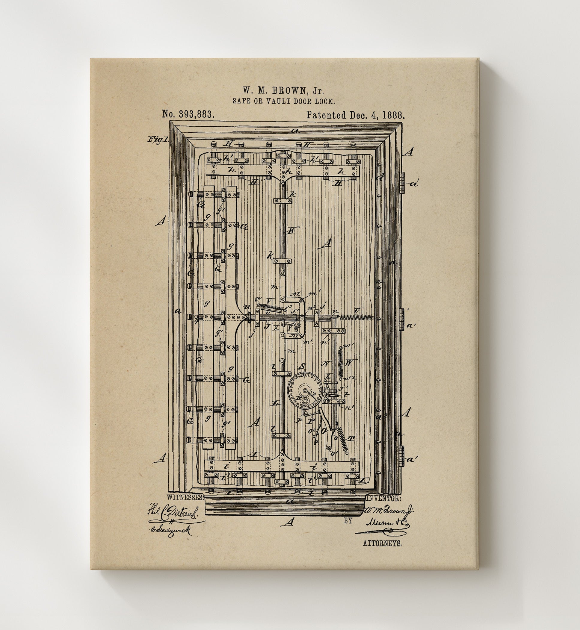 Patent Print - Safe Or Vault Door Lock - William M. Brown Jr. - 1888 - Patent 393883 Patent Wall Art