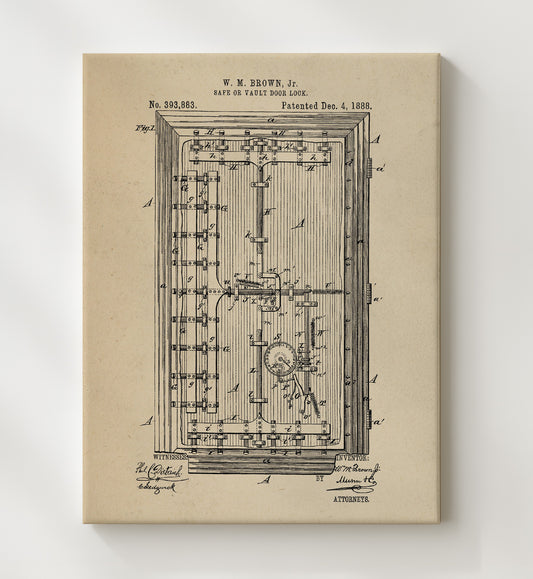 Safe Or Vault Door Lock 1888 patent print wall art 8x10 Canvas