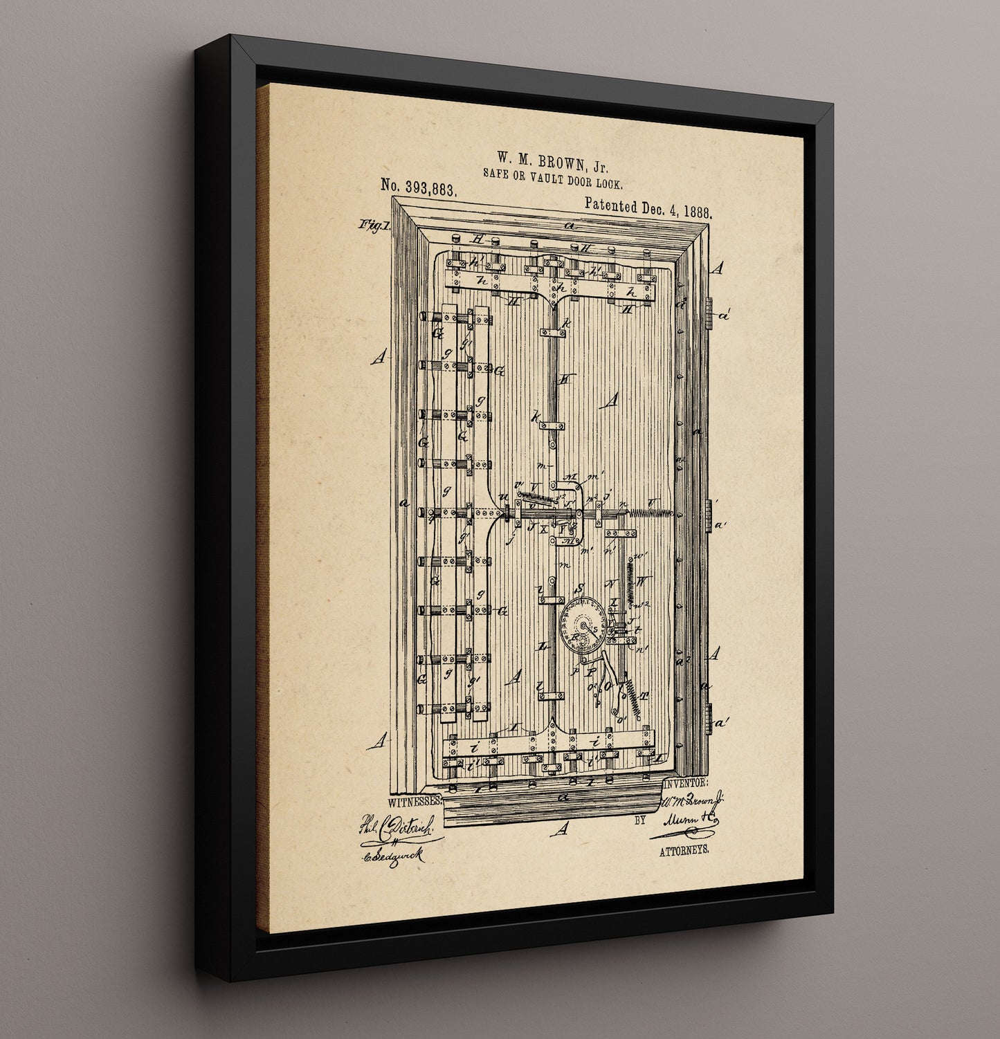 Patent Print - Safe Or Vault Door Lock - William M. Brown Jr. - 1888 - Patent 393883 Patent Wall Art