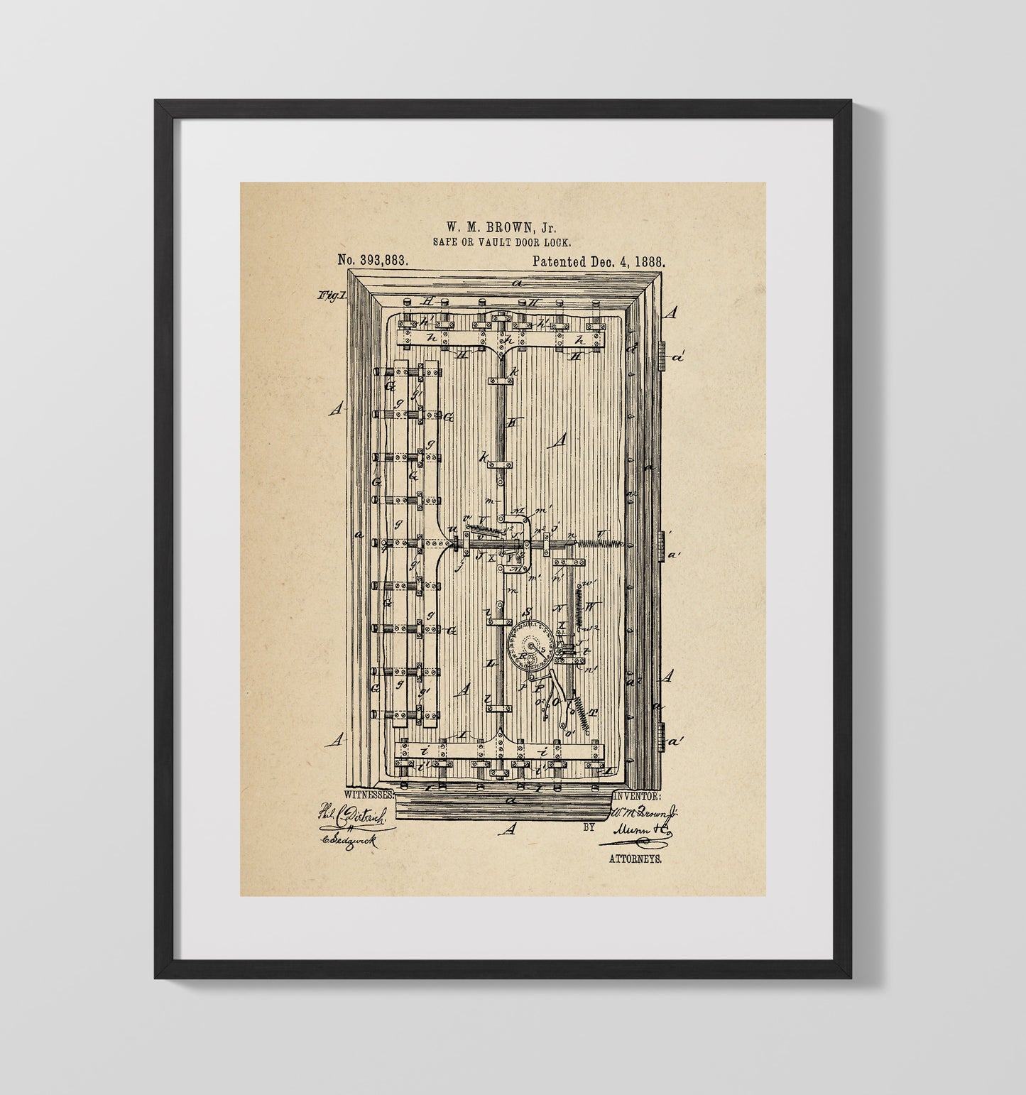 Patent Print - Safe Or Vault Door Lock - William M. Brown Jr. - 1888 - Patent 393883 Patent Wall Art