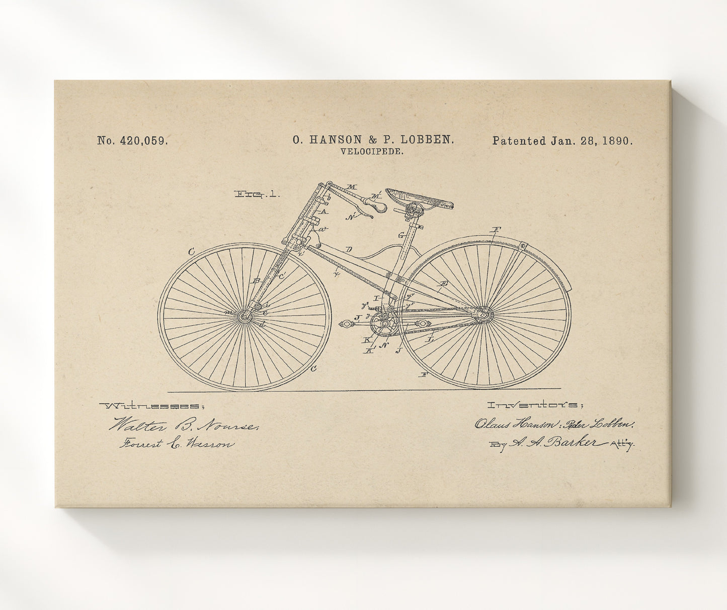 Patent Print - Safety Bicycle - Claus Hanson And Peder Lobben - 1890 - Patent 420059 - Landscape Patent Wall Art