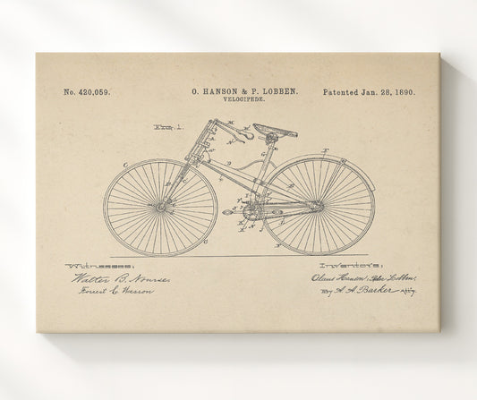 Bicycle 1890 patent print wall art 8x10 Canvas