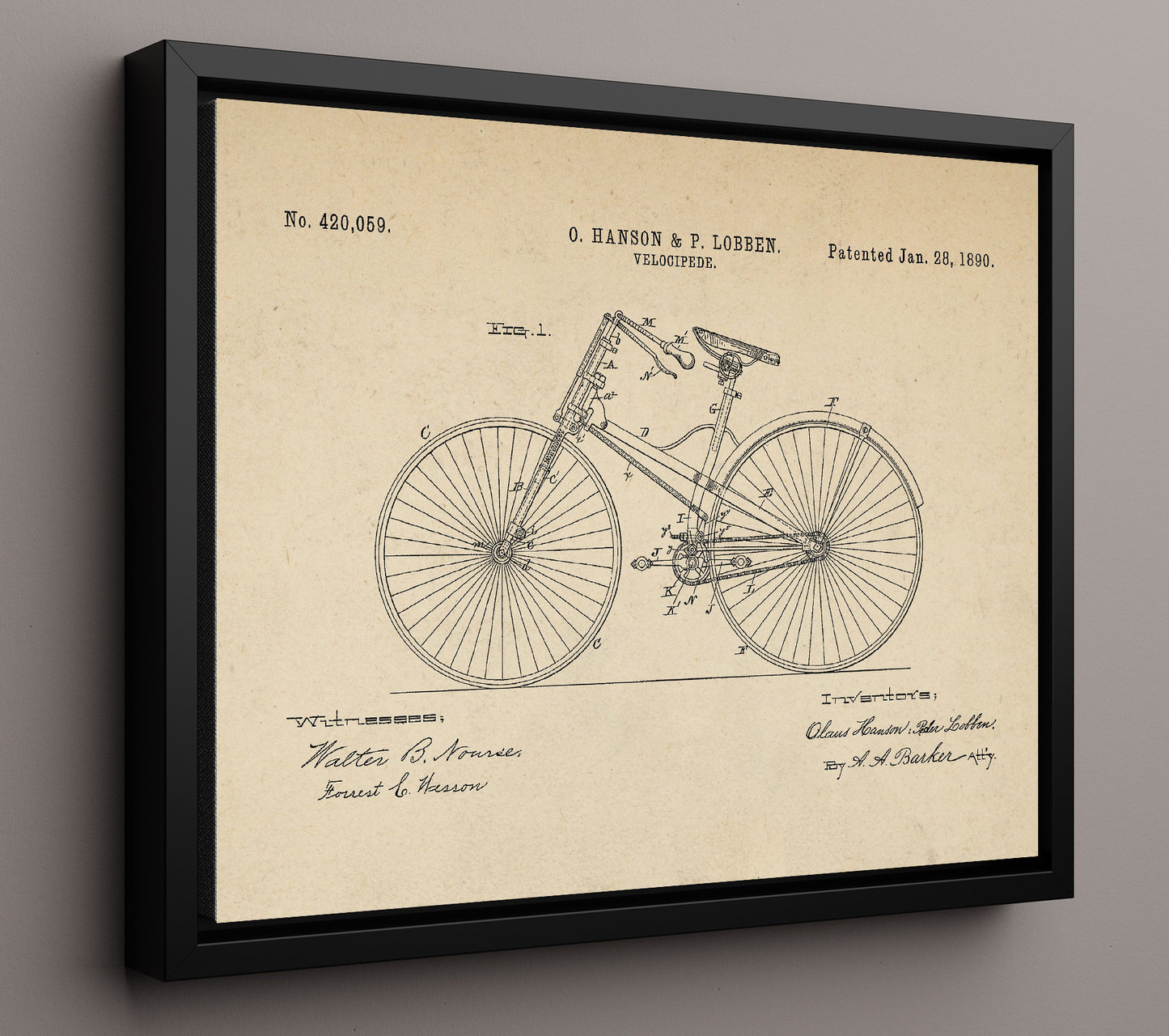 Patent Print - Safety Bicycle - Claus Hanson And Peder Lobben - 1890 - Patent 420059 - Landscape Patent Wall Art
