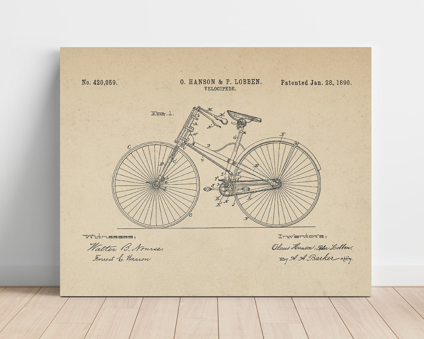 Patent Print - Safety Bicycle - Claus Hanson And Peder Lobben - 1890 - Patent 420059 - Landscape Patent Wall Art