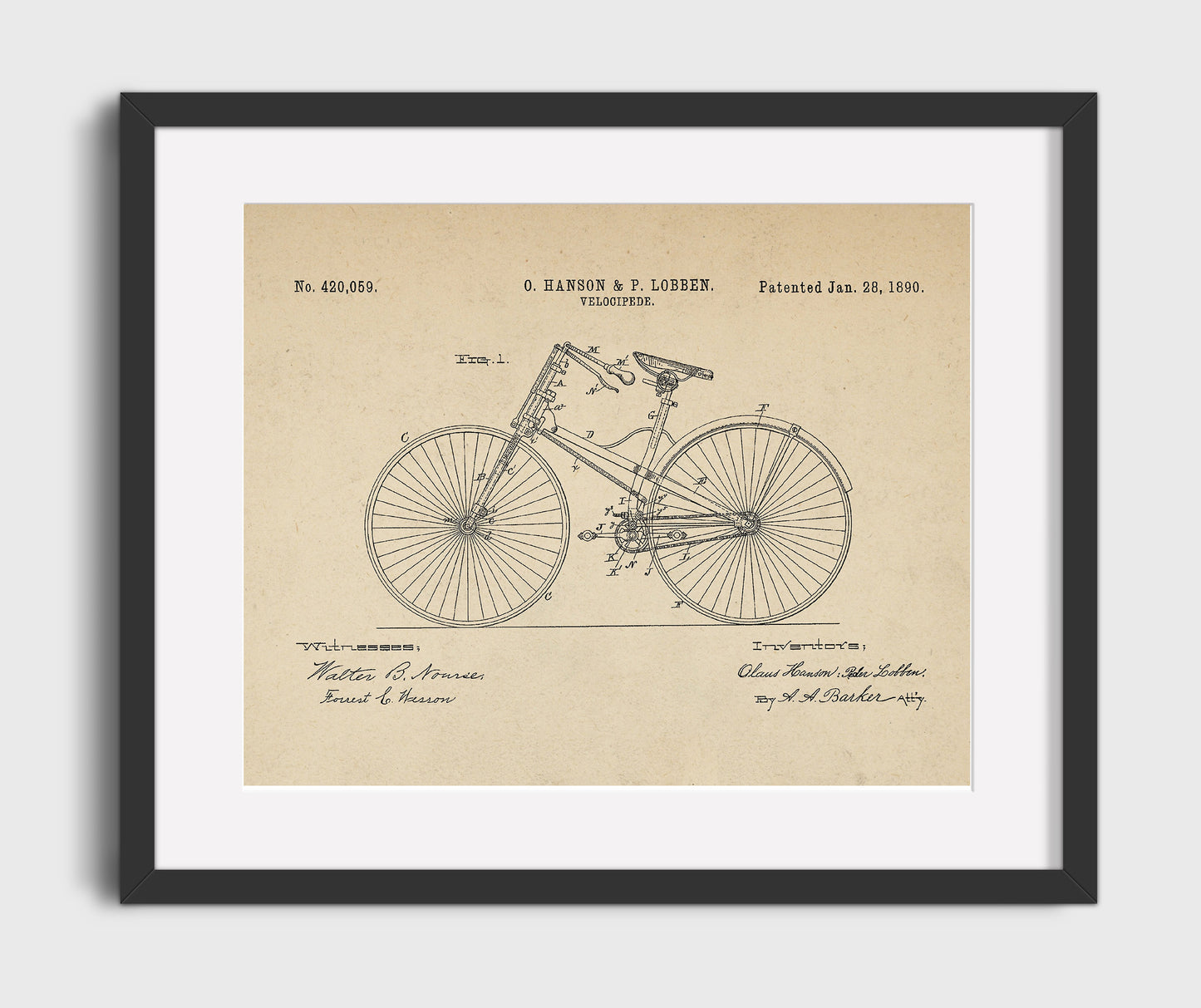 Patent Print - Safety Bicycle - Claus Hanson And Peder Lobben - 1890 - Patent 420059 - Landscape Patent Wall Art