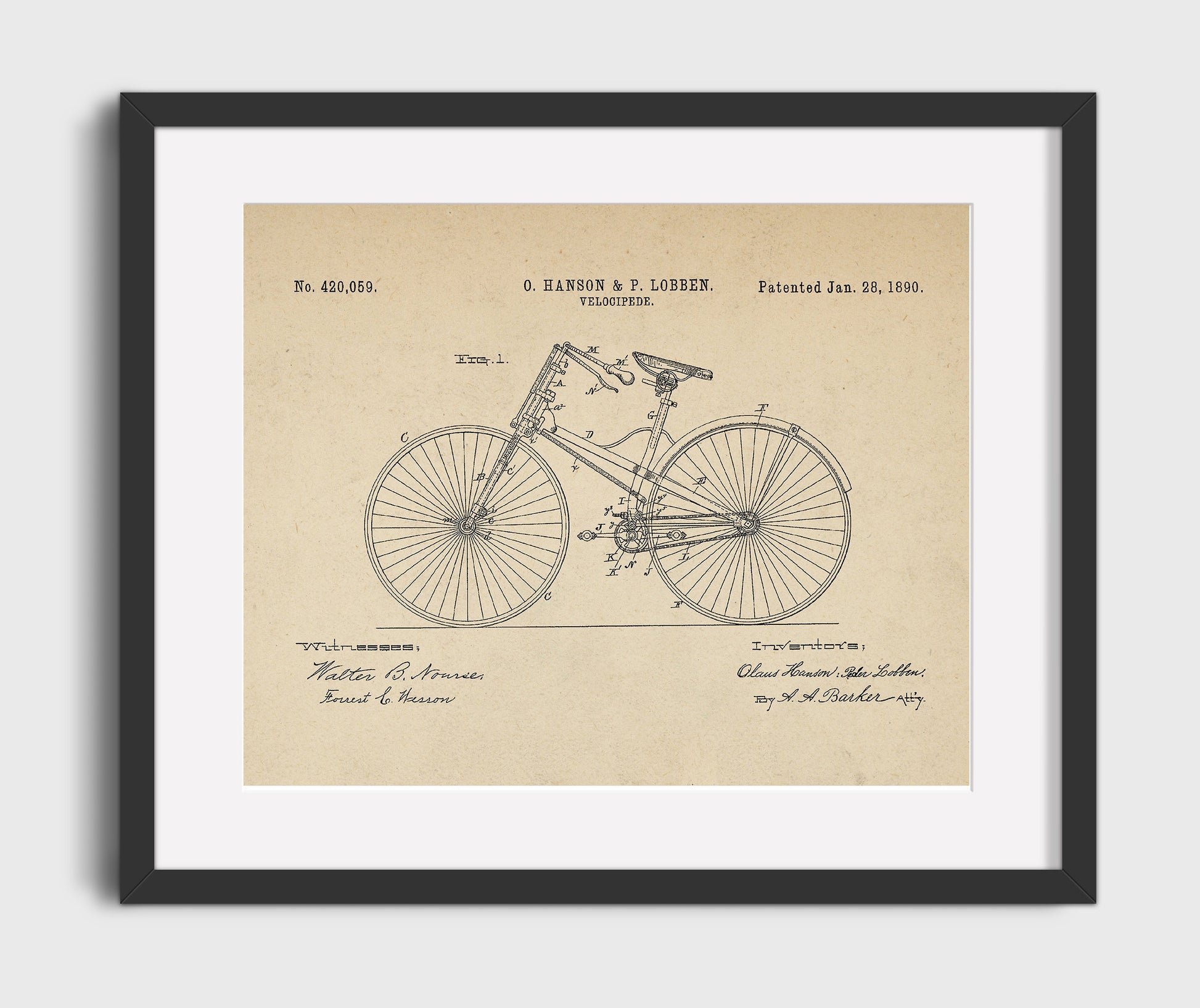 Patent Print - Safety Bicycle - Claus Hanson And Peder Lobben - 1890 - Patent 420059 - Landscape Patent Wall Art