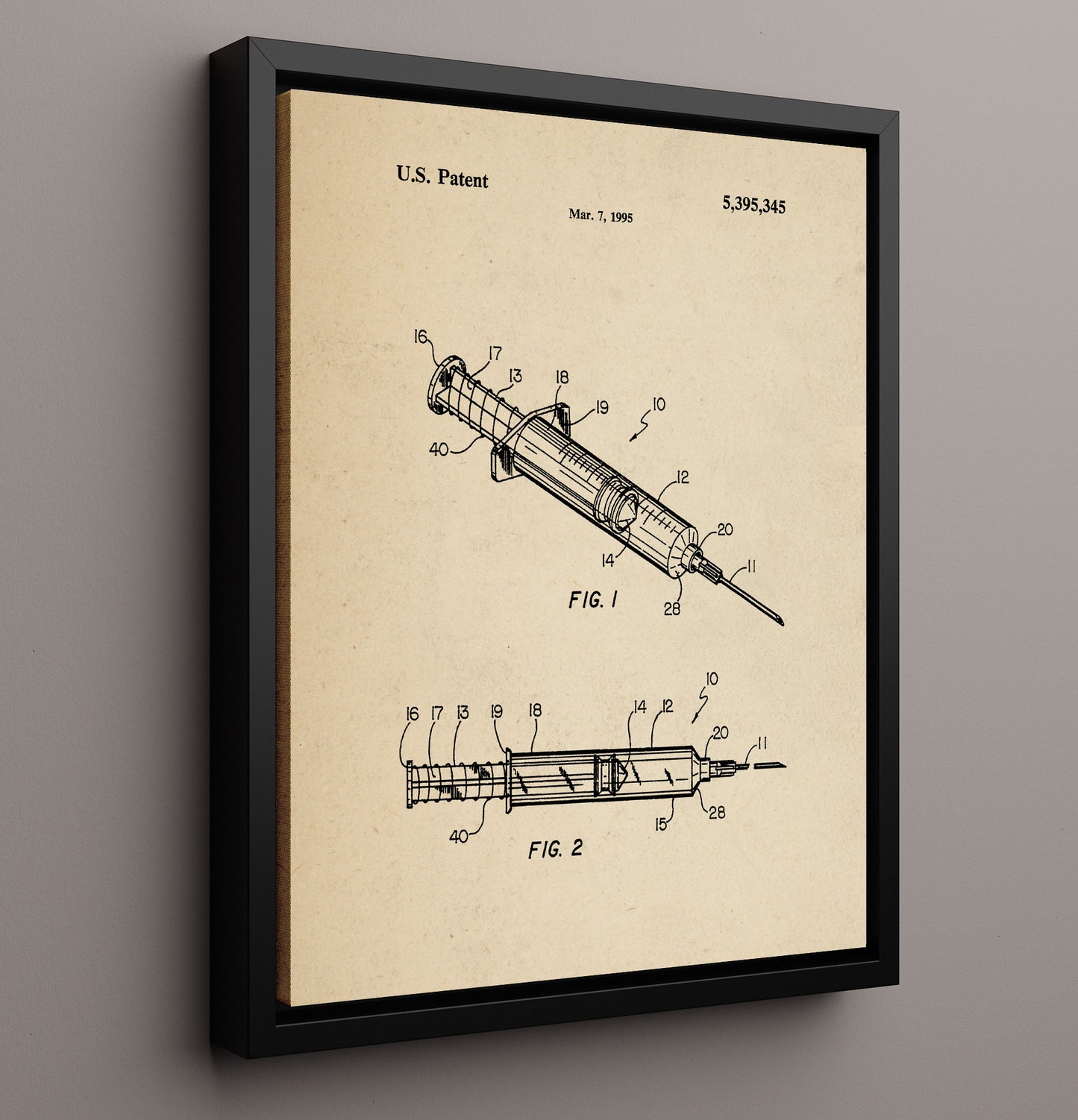 Patent Print - Safety Syringe - Hypodermic Injection Device - 1995 - Patent 5395345 Patent Wall Art