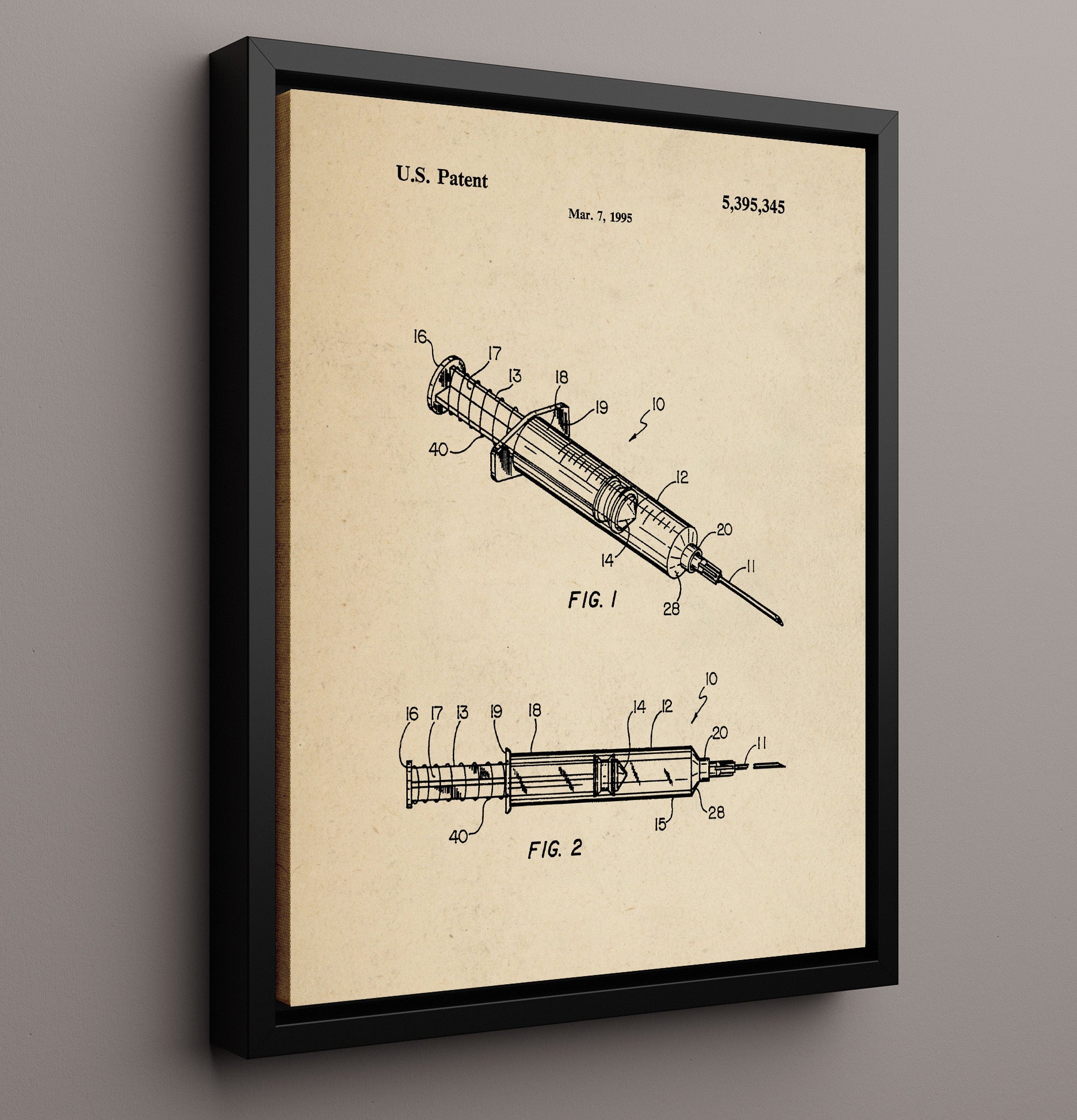 Patent Print - Safety Syringe - Hypodermic Injection Device - 1995 - Patent 5395345 Patent Wall Art