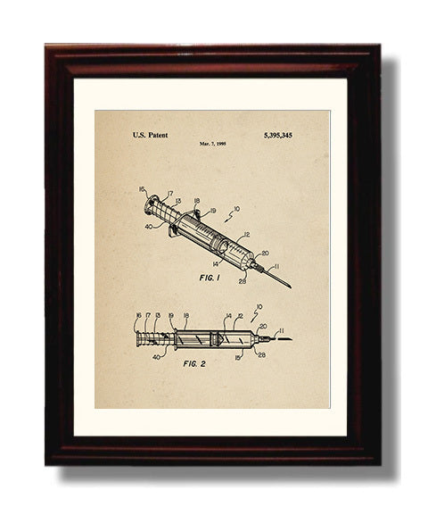 Patent Print - Safety Syringe - Hypodermic Injection Device - 1995 - Patent 5395345 Patent Wall Art
