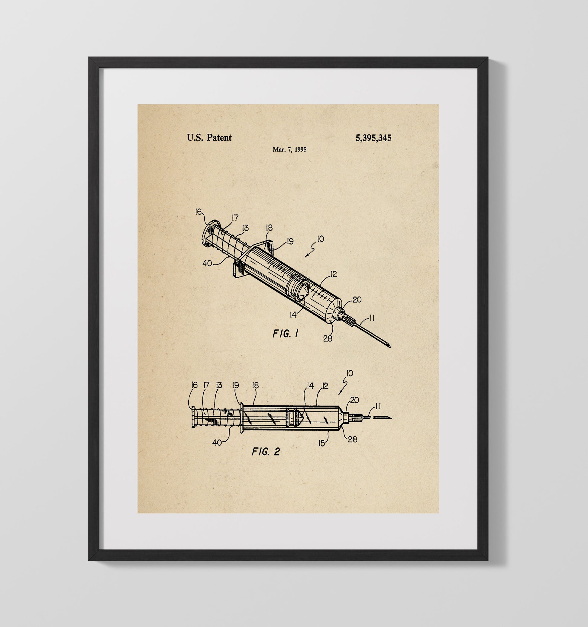 Patent Print - Safety Syringe - Hypodermic Injection Device - 1995 - Patent 5395345 Patent Wall Art