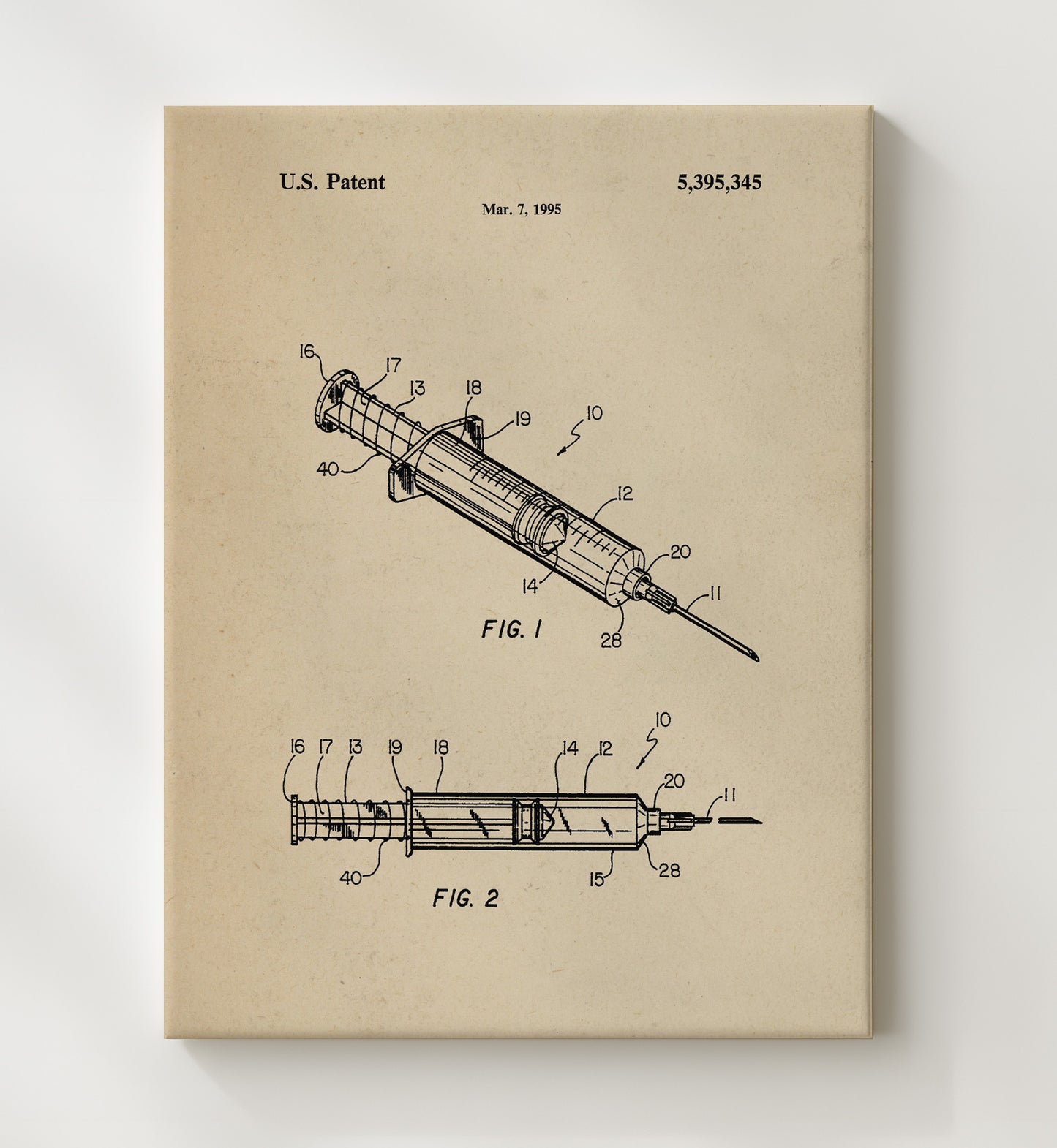 Patent Print - Safety Syringe - Hypodermic Injection Device - 1995 - Patent 5395345 Patent Wall Art