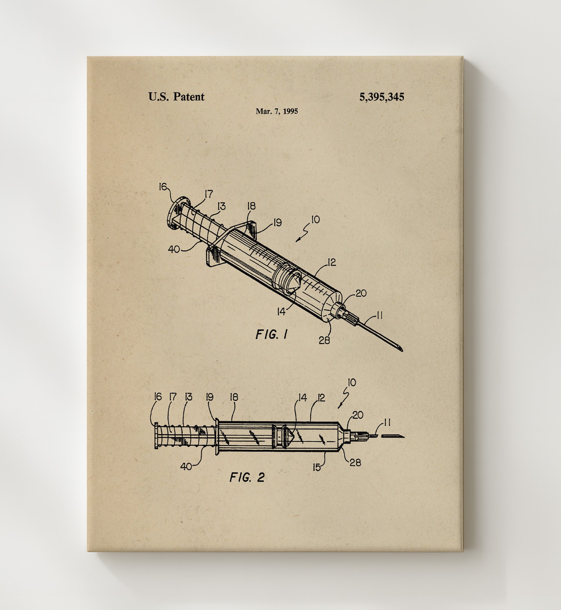 Patent Print - Safety Syringe - Hypodermic Injection Device - 1995 - Patent 5395345 Patent Wall Art