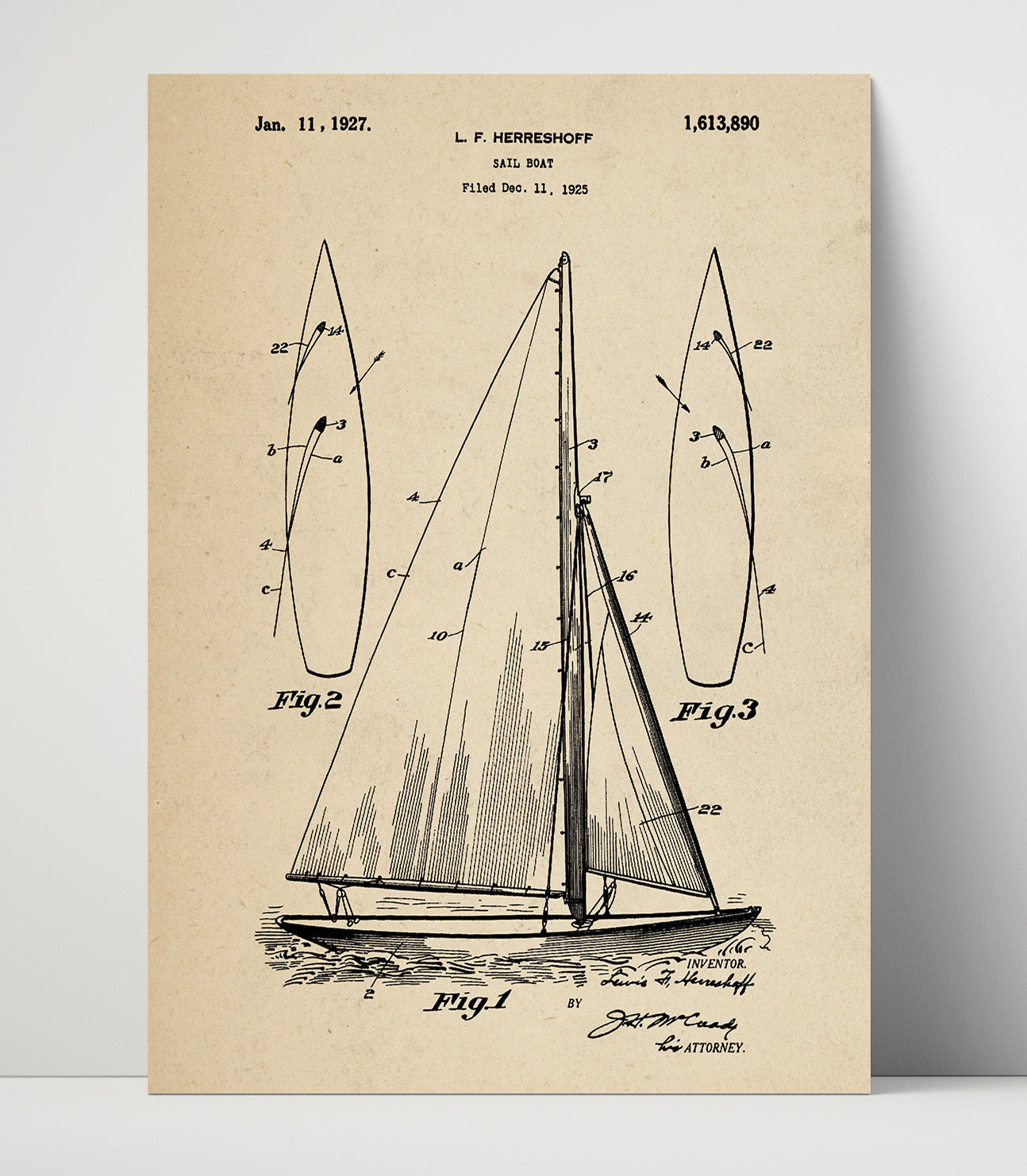 Patent Print - Sail Boat - Lewis F Herreshoff - 1927 - Patent 1613890 Patent Wall Art