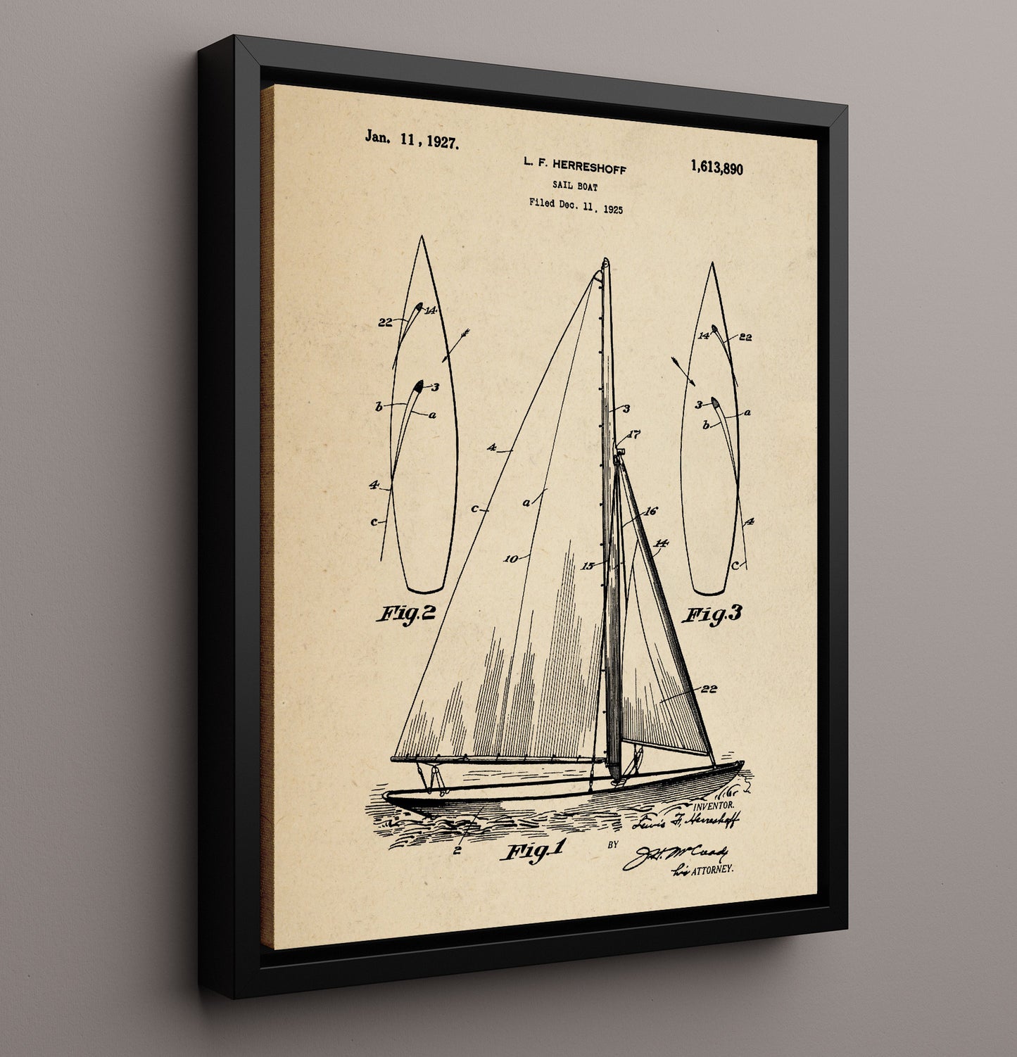 Patent Print - Sail Boat - Lewis F Herreshoff - 1927 - Patent 1613890 Patent Wall Art