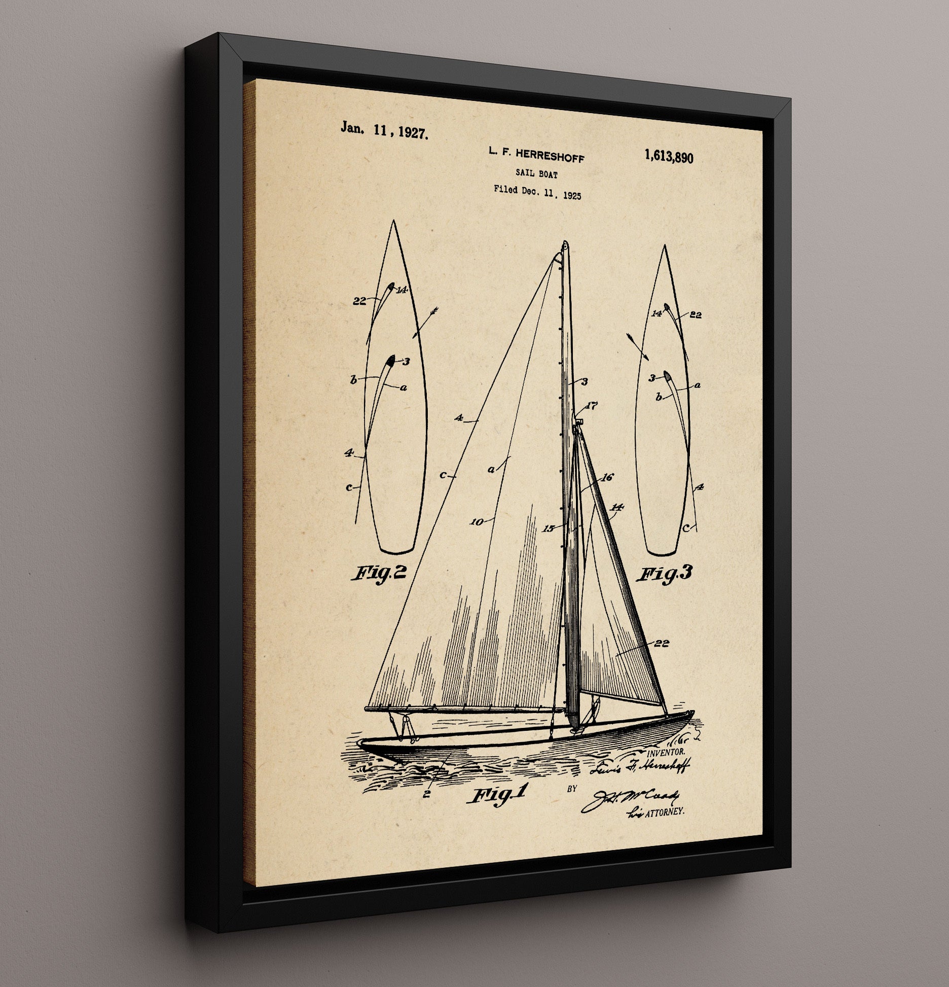 Patent Print - Sail Boat - Lewis F Herreshoff - 1927 - Patent 1613890 Patent Wall Art