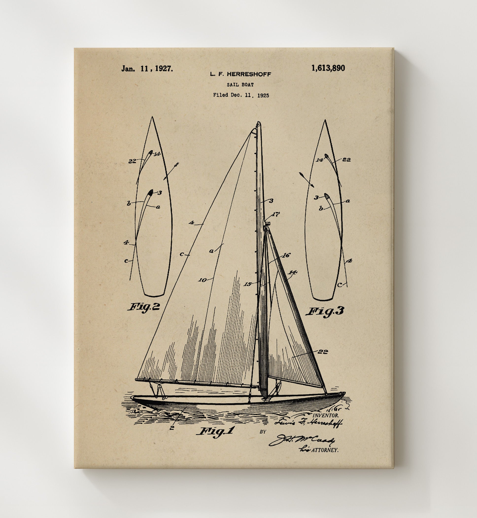 Patent Print - Sail Boat - Lewis F Herreshoff - 1927 - Patent 1613890 Patent Wall Art