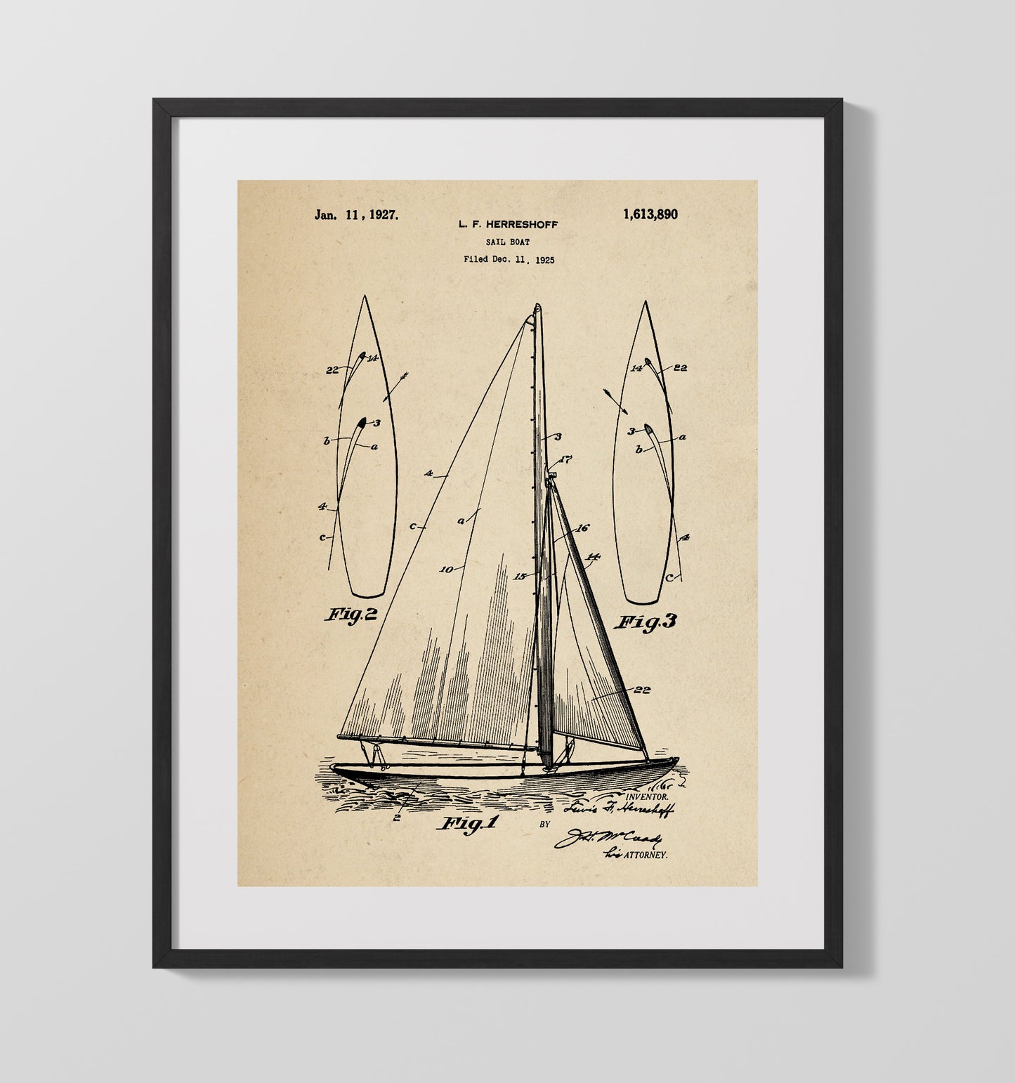 Patent Print - Sail Boat - Lewis F Herreshoff - 1927 - Patent 1613890 Patent Wall Art