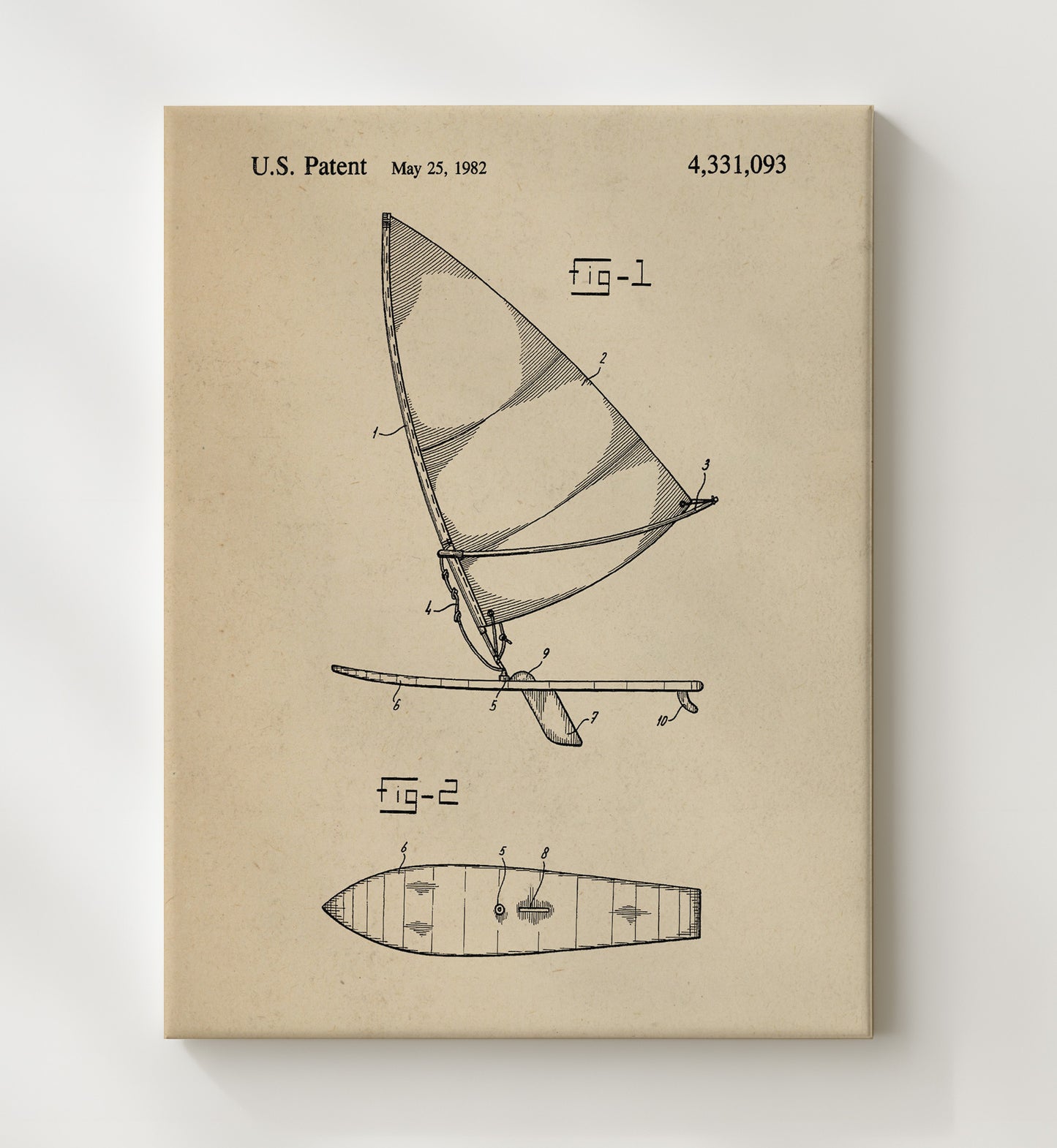 Patent Print - Sailboard - Unknown Inventor - 1982 - Patent 4331093 Patent Wall Art