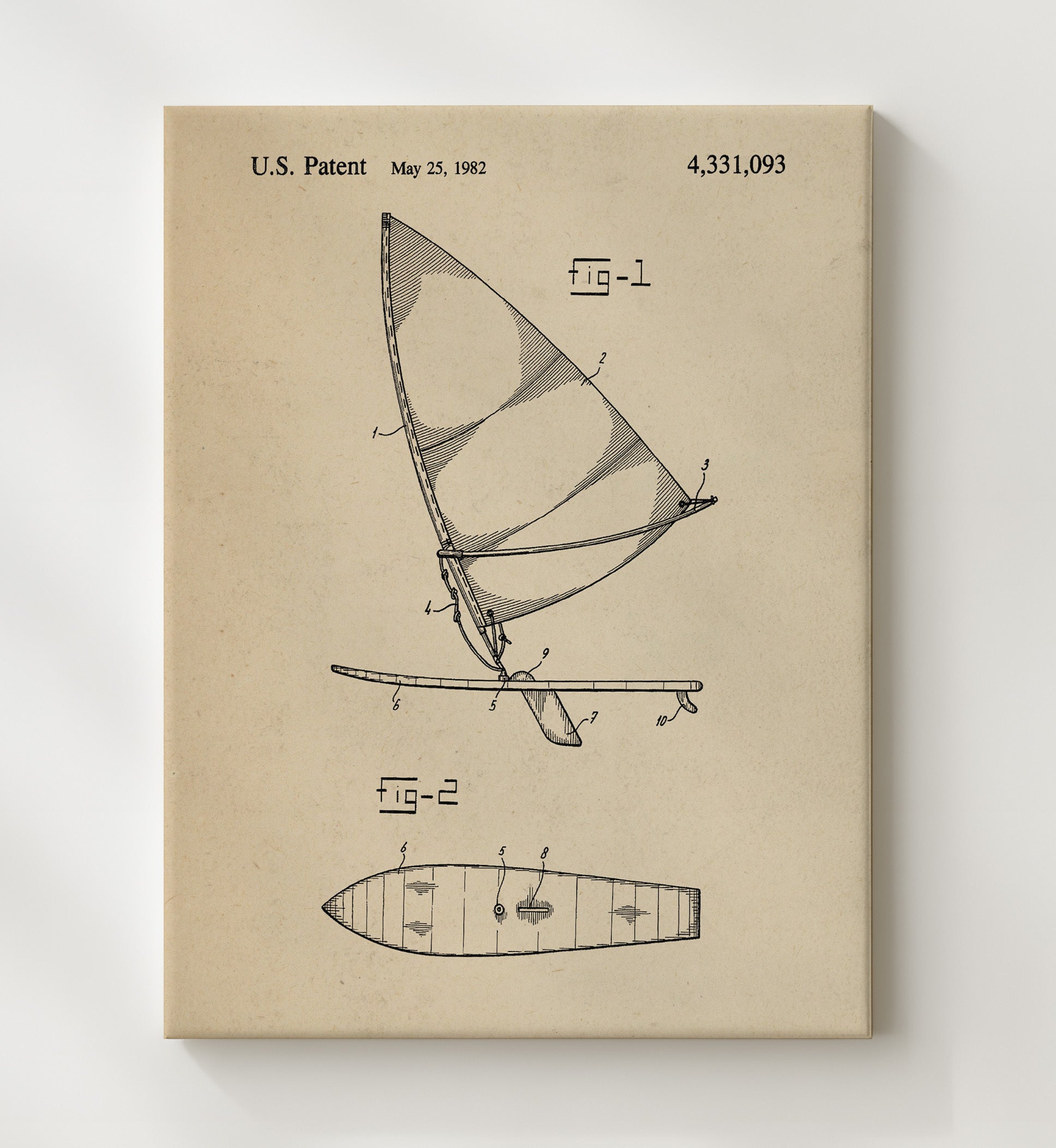 Patent Print - Sailboard - Unknown Inventor - 1982 - Patent 4331093 Patent Wall Art