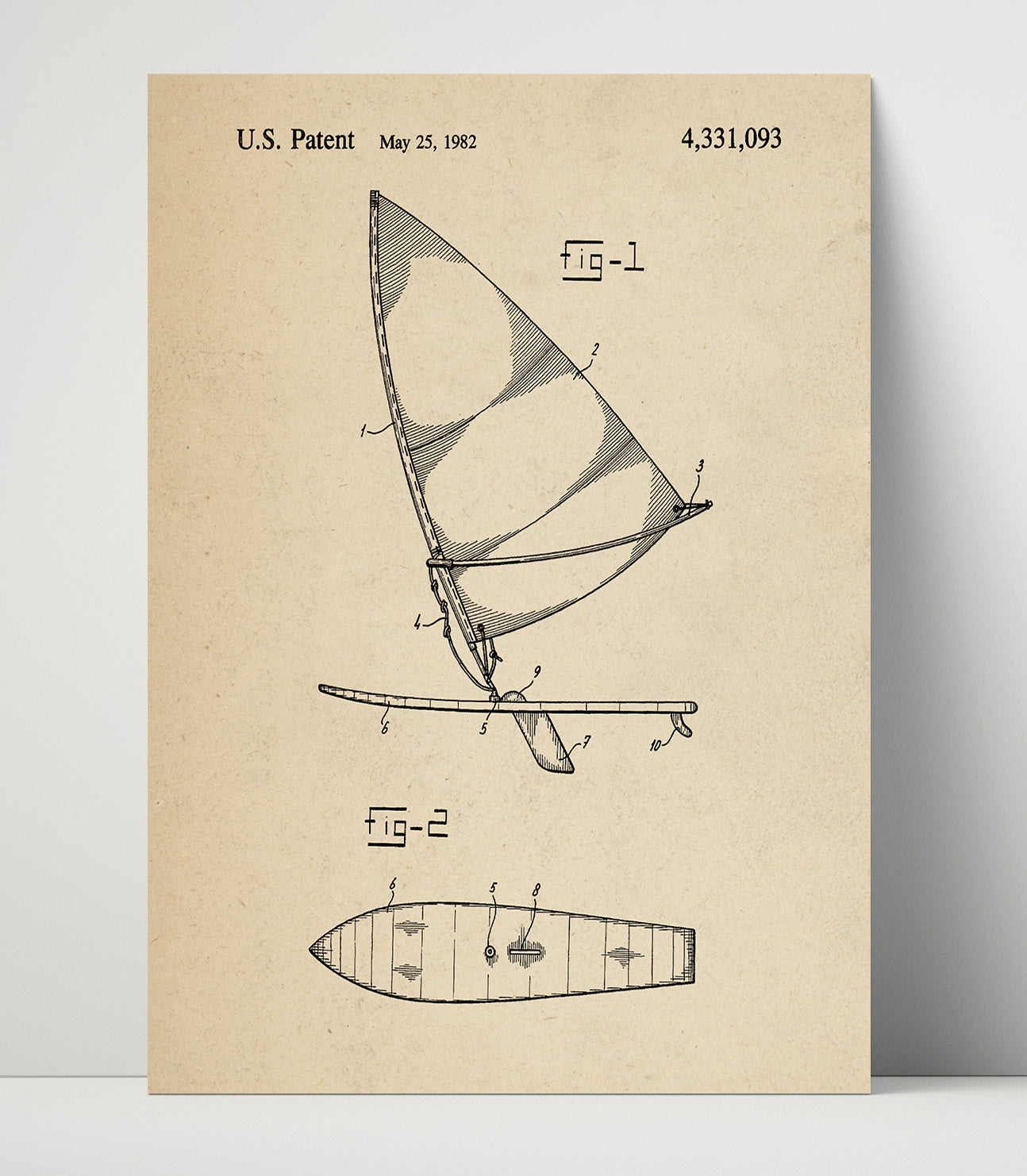 Patent Print - Sailboard - Unknown Inventor - 1982 - Patent 4331093 Patent Wall Art