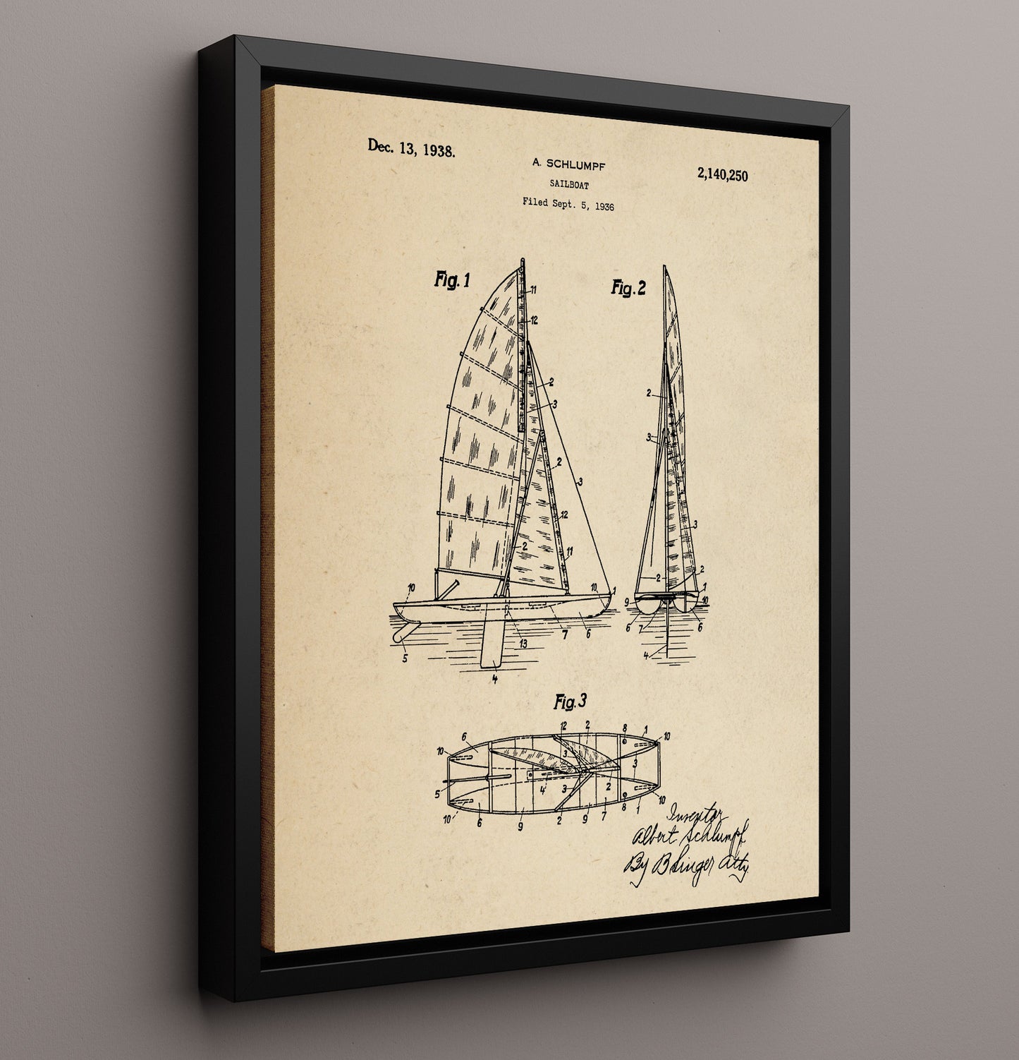 Patent Print - Sailboat - Albert Schlumpf - 1938 - Patent 2140250 Patent Wall Art