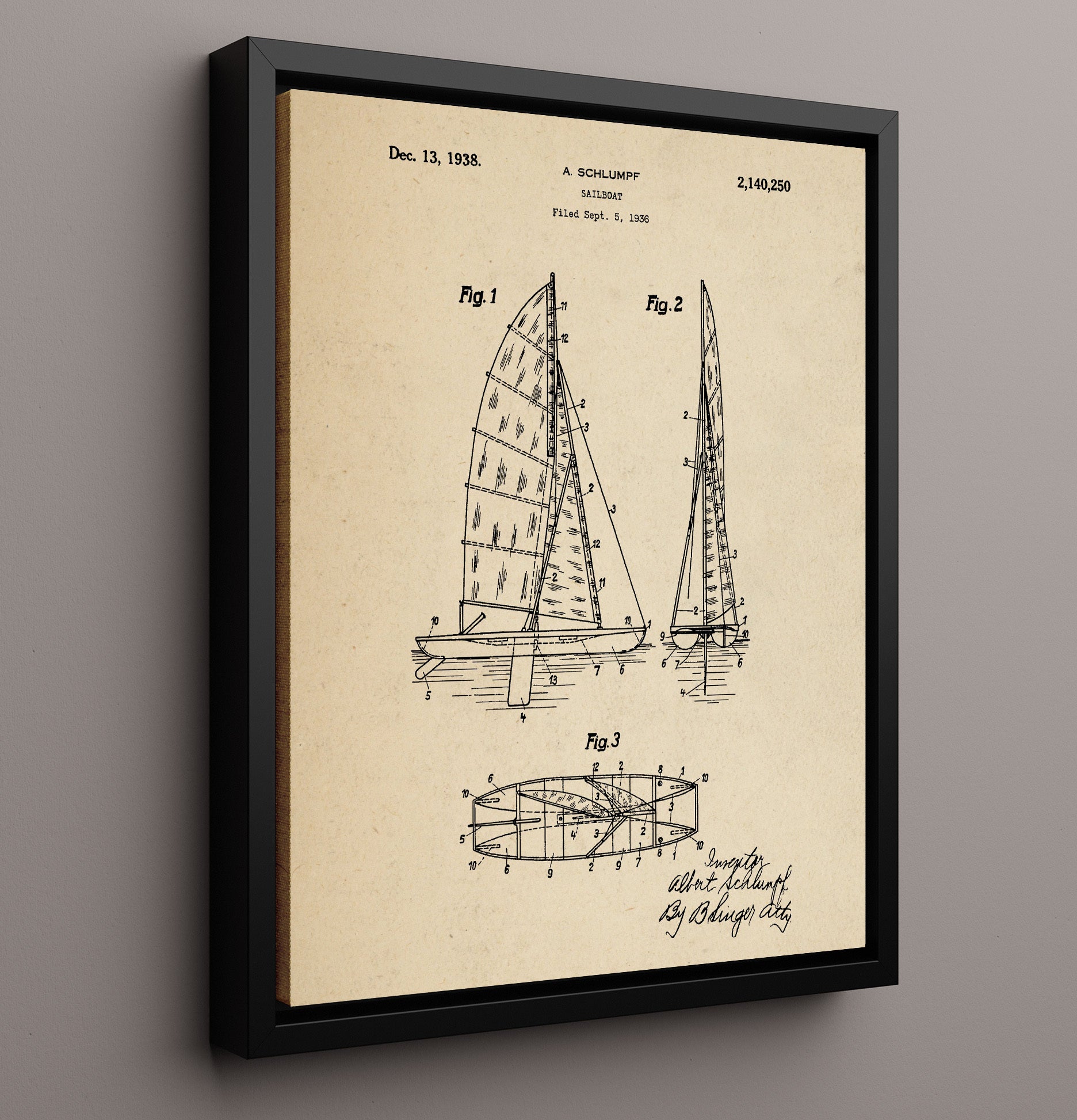 Patent Print - Sailboat - Albert Schlumpf - 1938 - Patent 2140250 Patent Wall Art