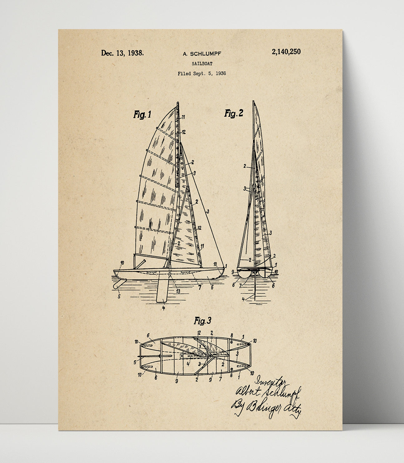 Patent Print - Sailboat - Albert Schlumpf - 1938 - Patent 2140250 Patent Wall Art