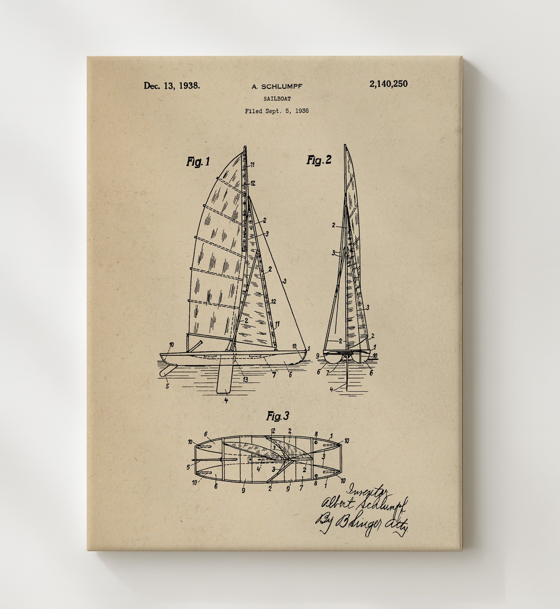 Patent Print - Sailboat - Albert Schlumpf - 1938 - Patent 2140250 Patent Wall Art