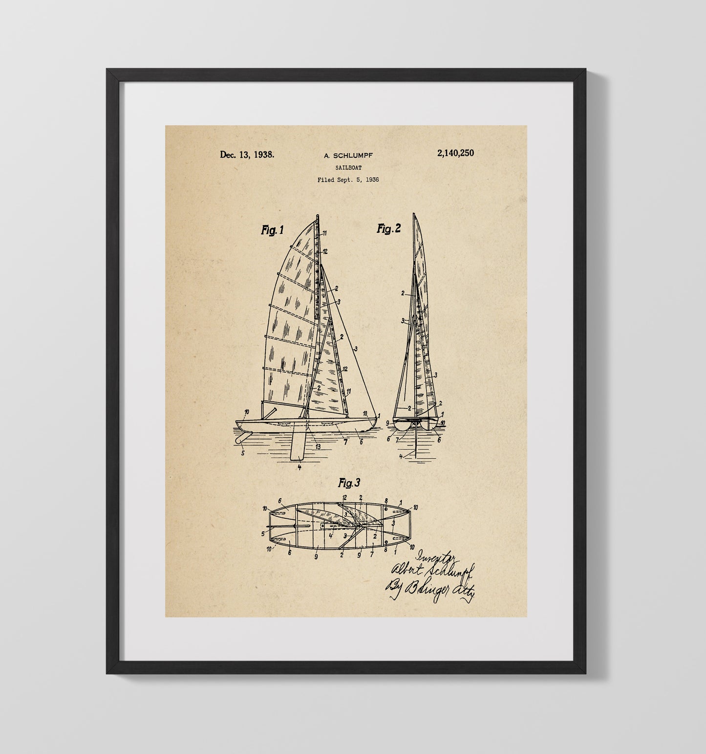 Patent Print - Sailboat - Albert Schlumpf - 1938 - Patent 2140250 Patent Wall Art
