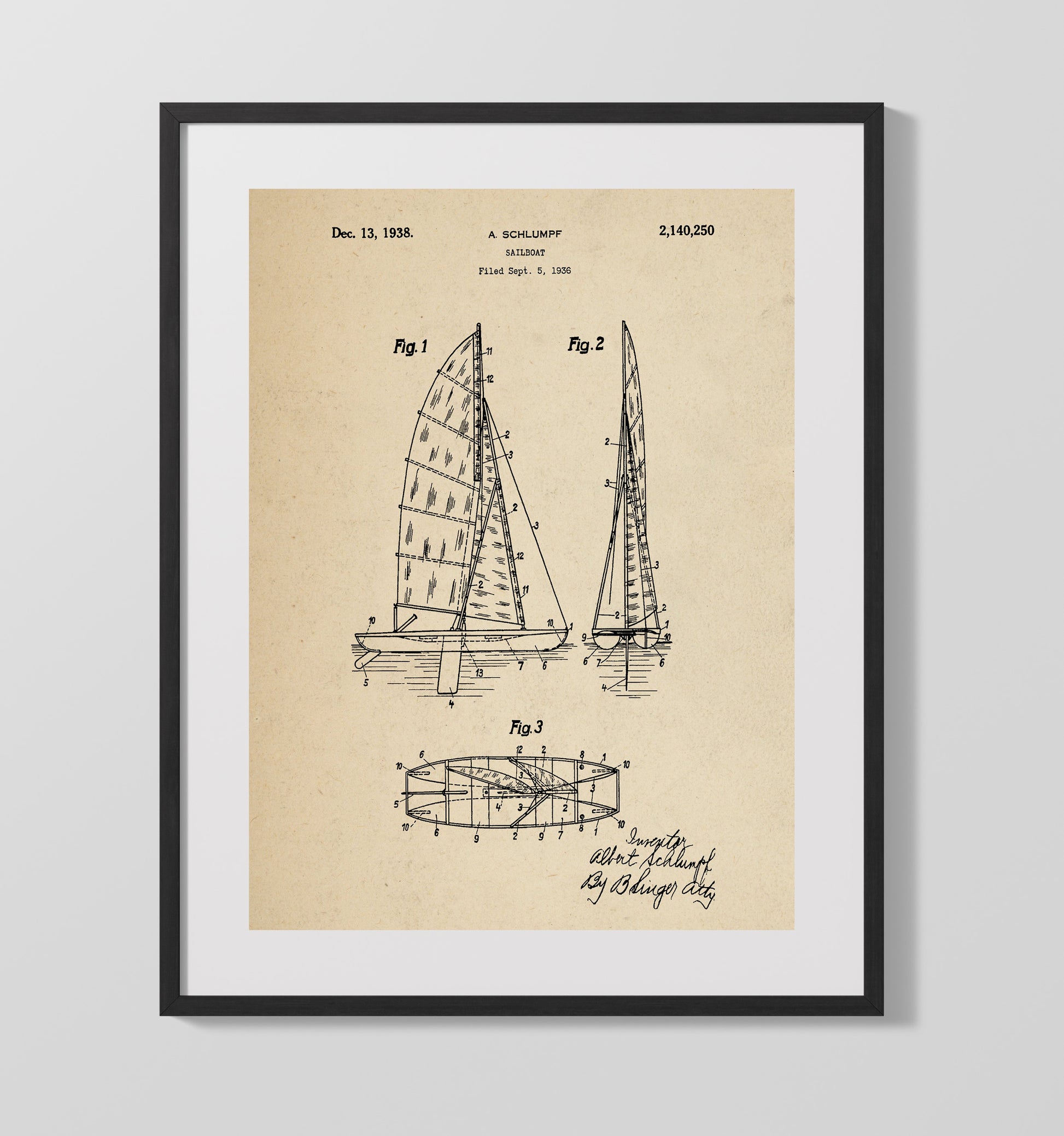 Patent Print - Sailboat - Albert Schlumpf - 1938 - Patent 2140250 Patent Wall Art