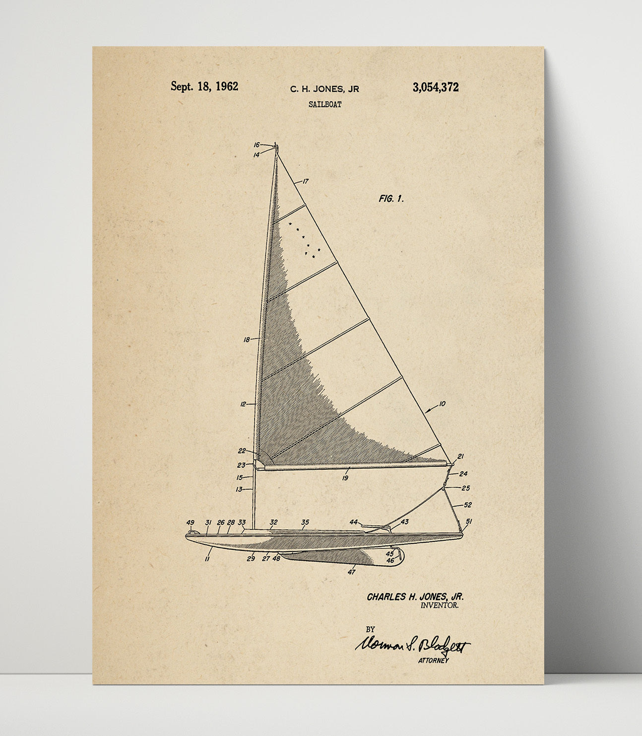 Patent Print - Sailboat - C H Jones Jr - 1962 - Patent 3054372 Patent Wall Art