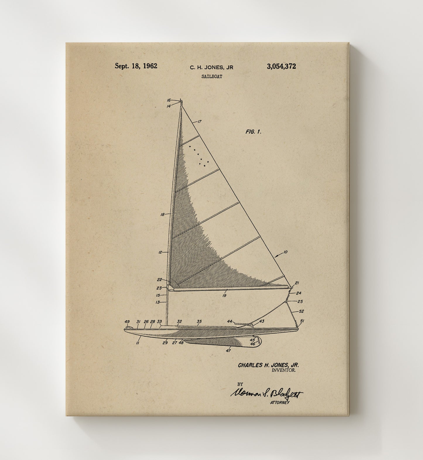 Patent Print - Sailboat - C H Jones Jr - 1962 - Patent 3054372 Patent Wall Art