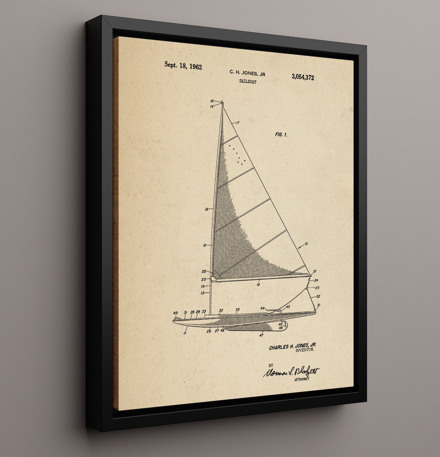 Patent Print - Sailboat - C H Jones Jr - 1962 - Patent 3054372 Patent Wall Art