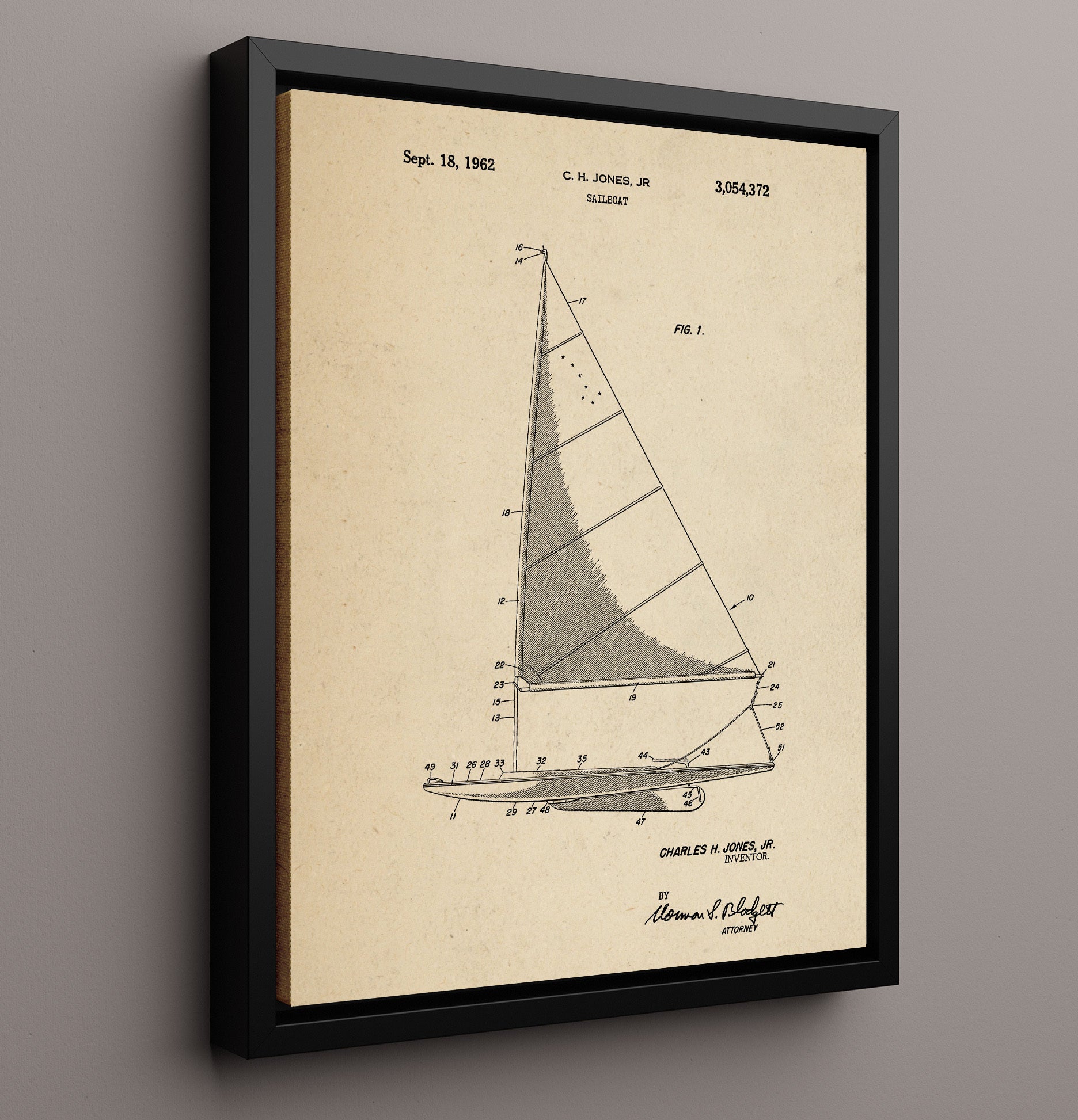 Patent Print - Sailboat - C H Jones Jr - 1962 - Patent 3054372 Patent Wall Art
