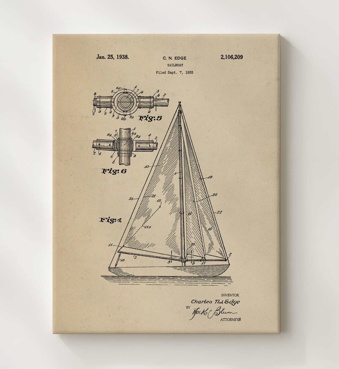Patent Print - Sailboat - Charles Noel Edge - 1938 - Patent 2106209 Patent Wall Art