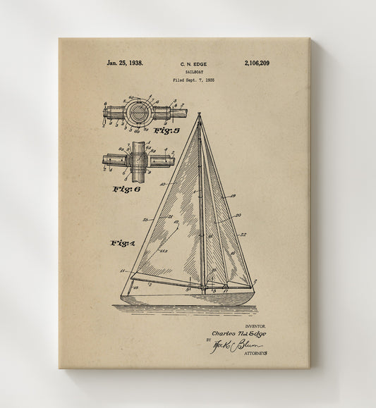 Sailboat by Charles Noel Edge 1938 patent print wall art 8x10 Canvas