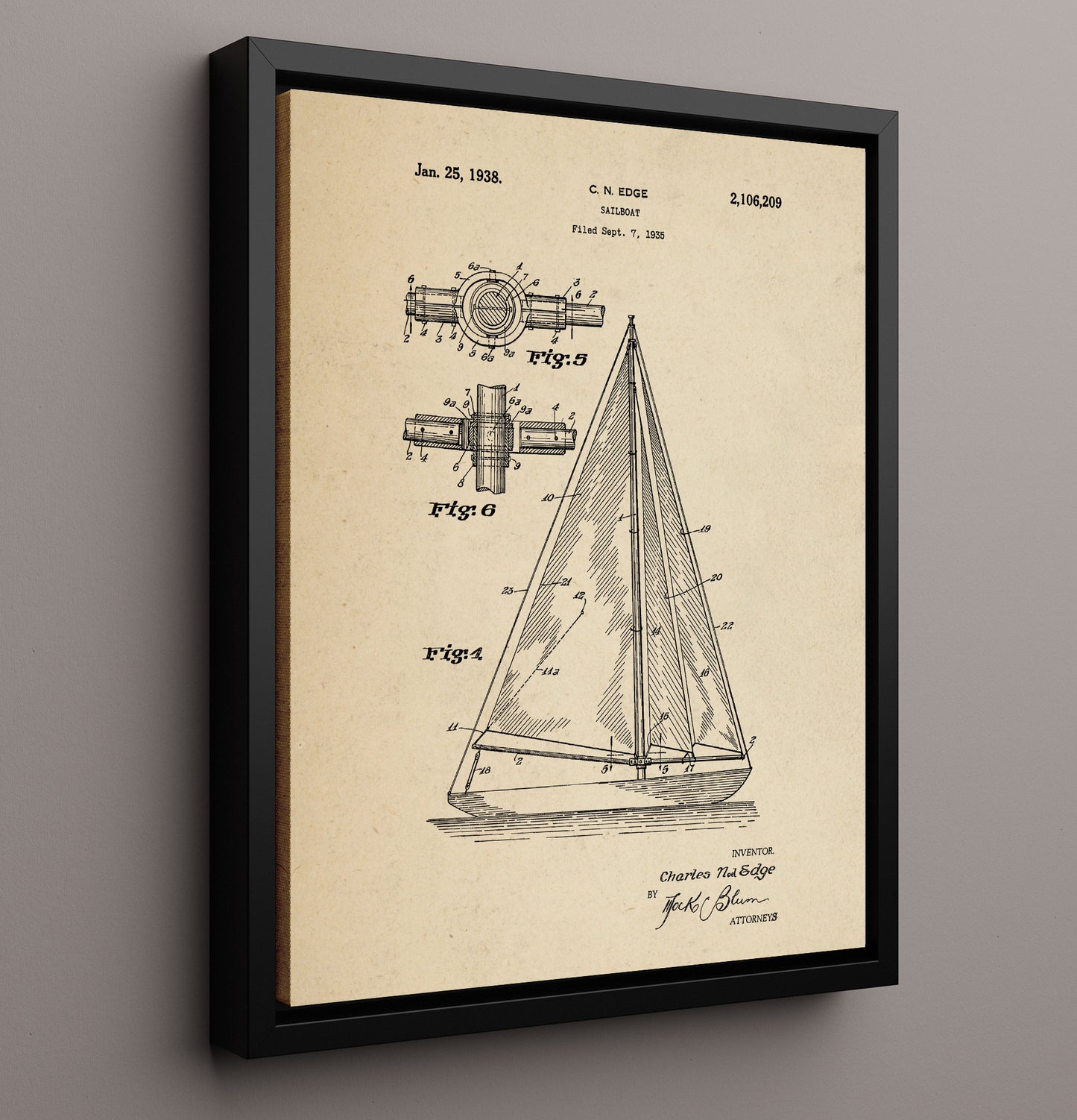 Patent Print - Sailboat - Charles Noel Edge - 1938 - Patent 2106209 Patent Wall Art