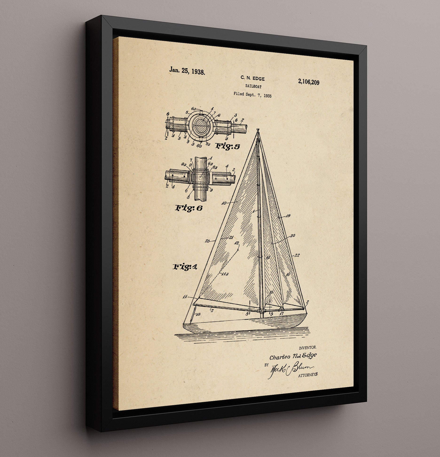 Patent Print - Sailboat - Charles Noel Edge - 1938 - Patent 2106209 Patent Wall Art
