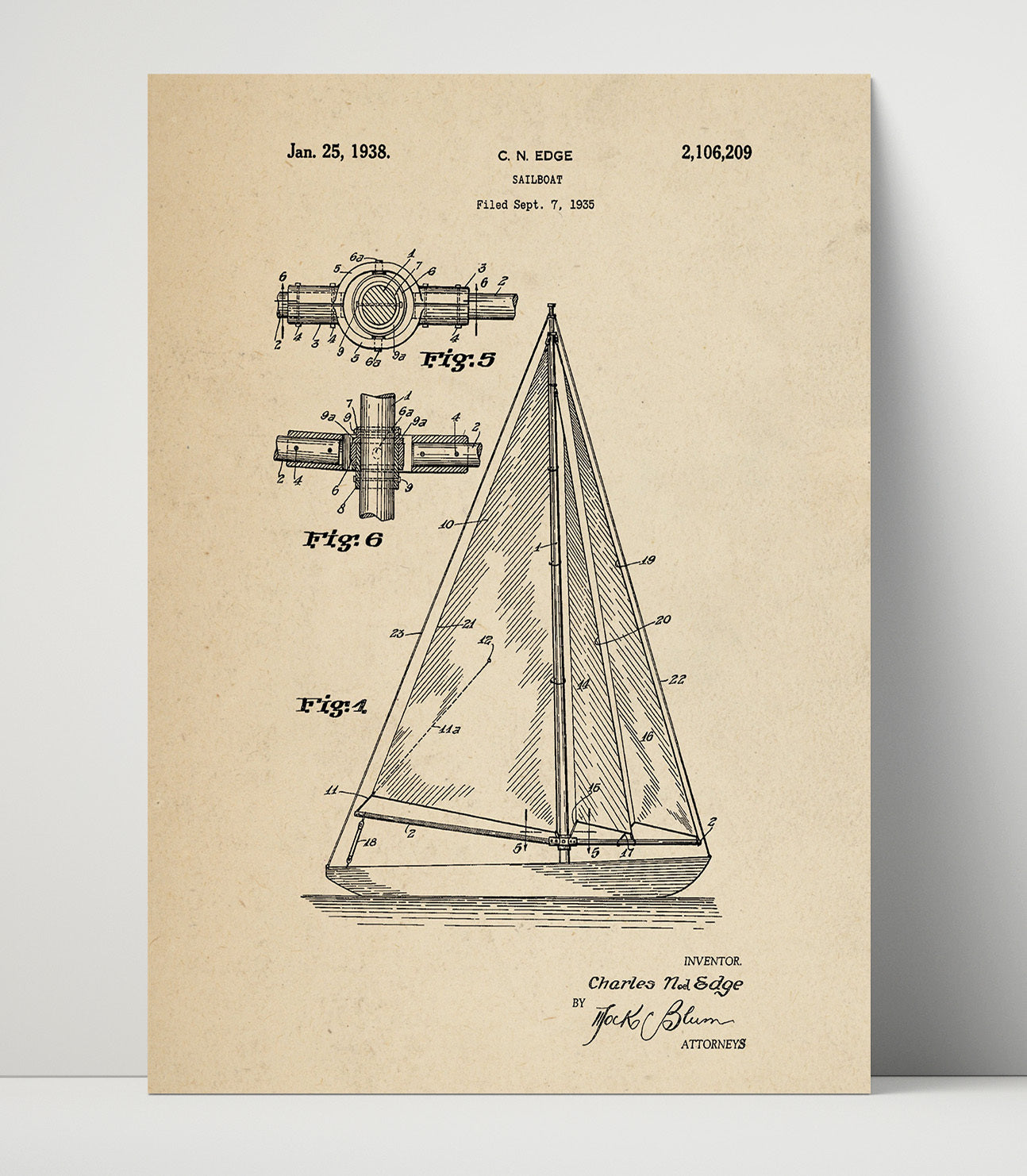 Patent Print - Sailboat - Charles Noel Edge - 1938 - Patent 2106209 Patent Wall Art