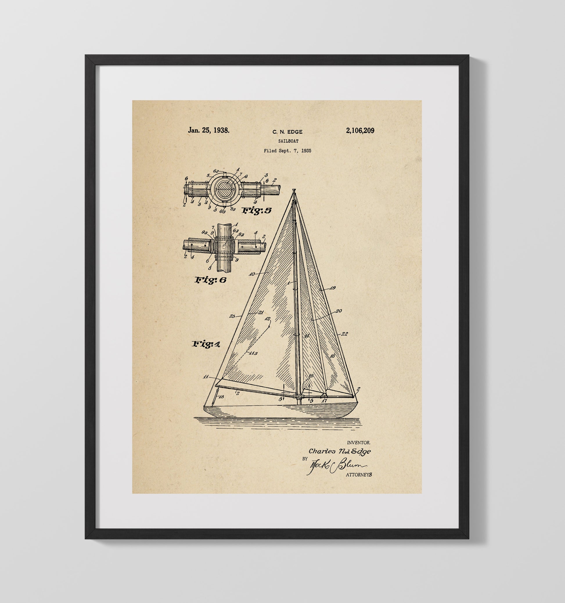 Patent Print - Sailboat - Charles Noel Edge - 1938 - Patent 2106209 Patent Wall Art
