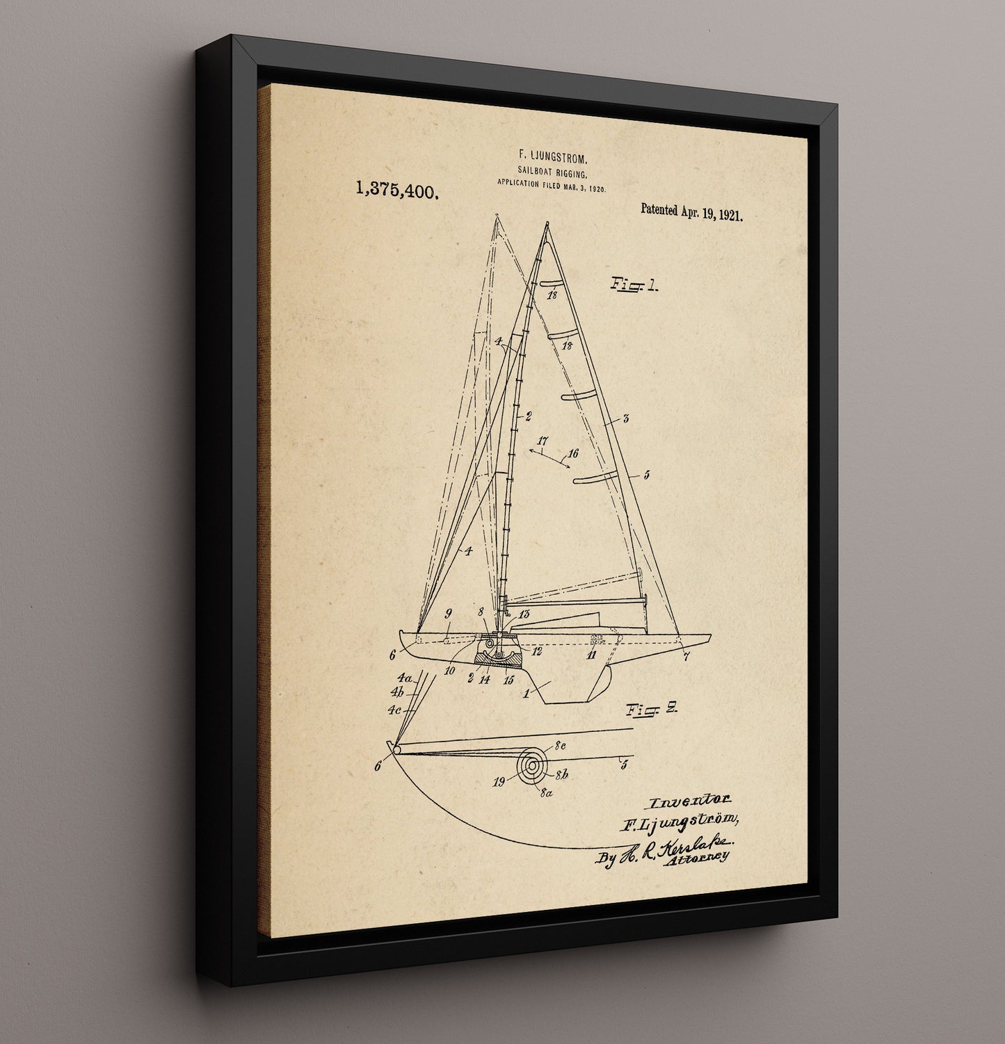Patent Print - Sailboat Rigging - Fredrik Ljungstrom - 1921 - Patent 1375400 Patent Wall Art
